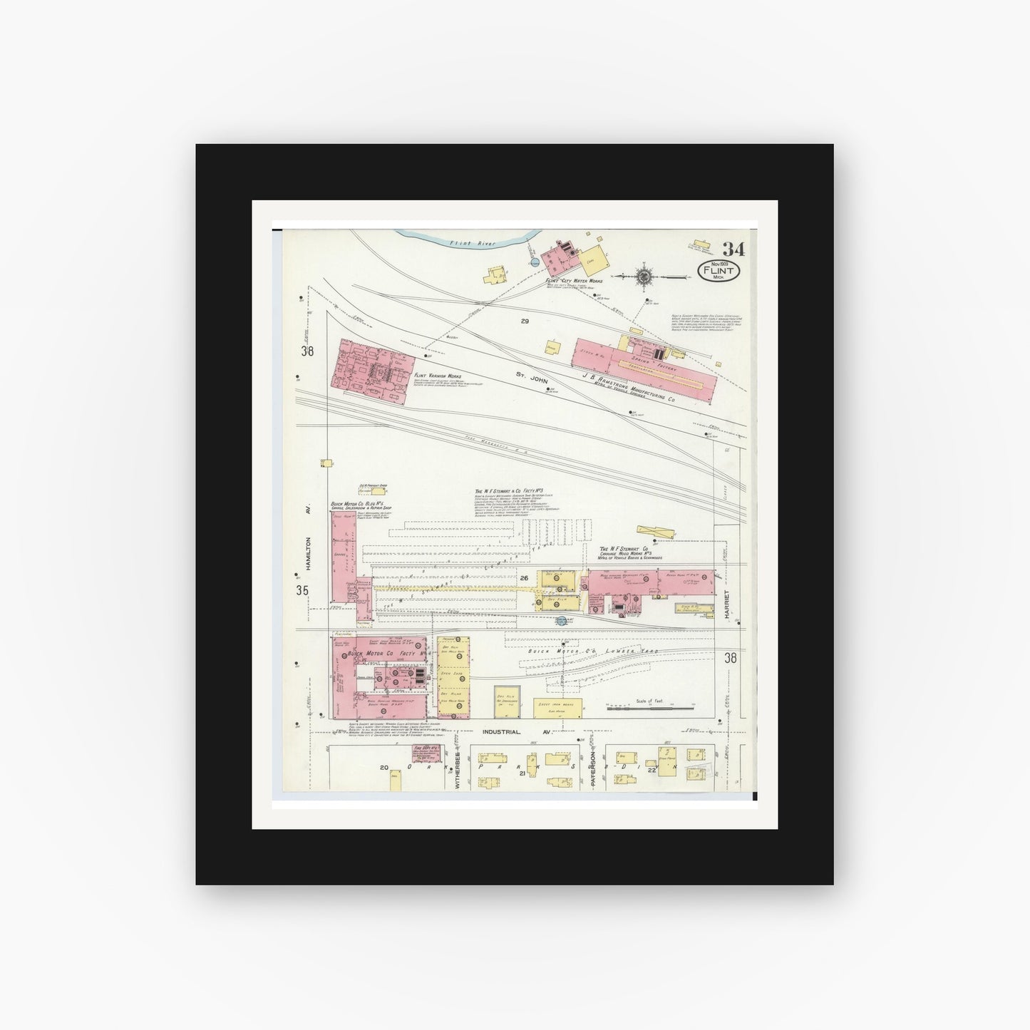 Old map wall art mockup — black gallery frame with white mat — Sanborn Fire Insurance Map from Flint, Genesee County, Michigan (1909), Sheet #0034