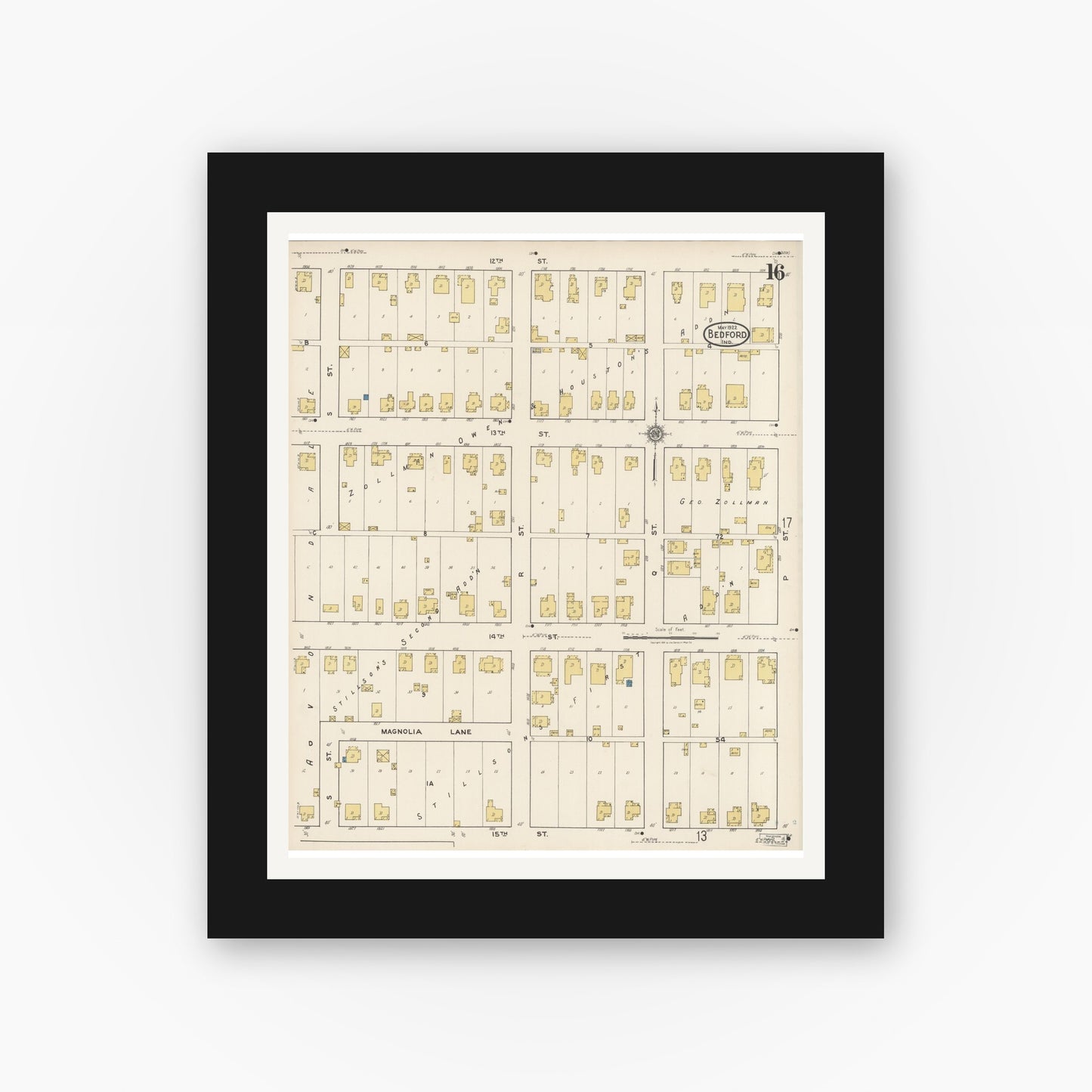 Old map wall art mockup — black gallery frame with white mat — Sanborn Fire Insurance Map from Bedford, Lawrence County, Indiana (1922), Sheet #0016