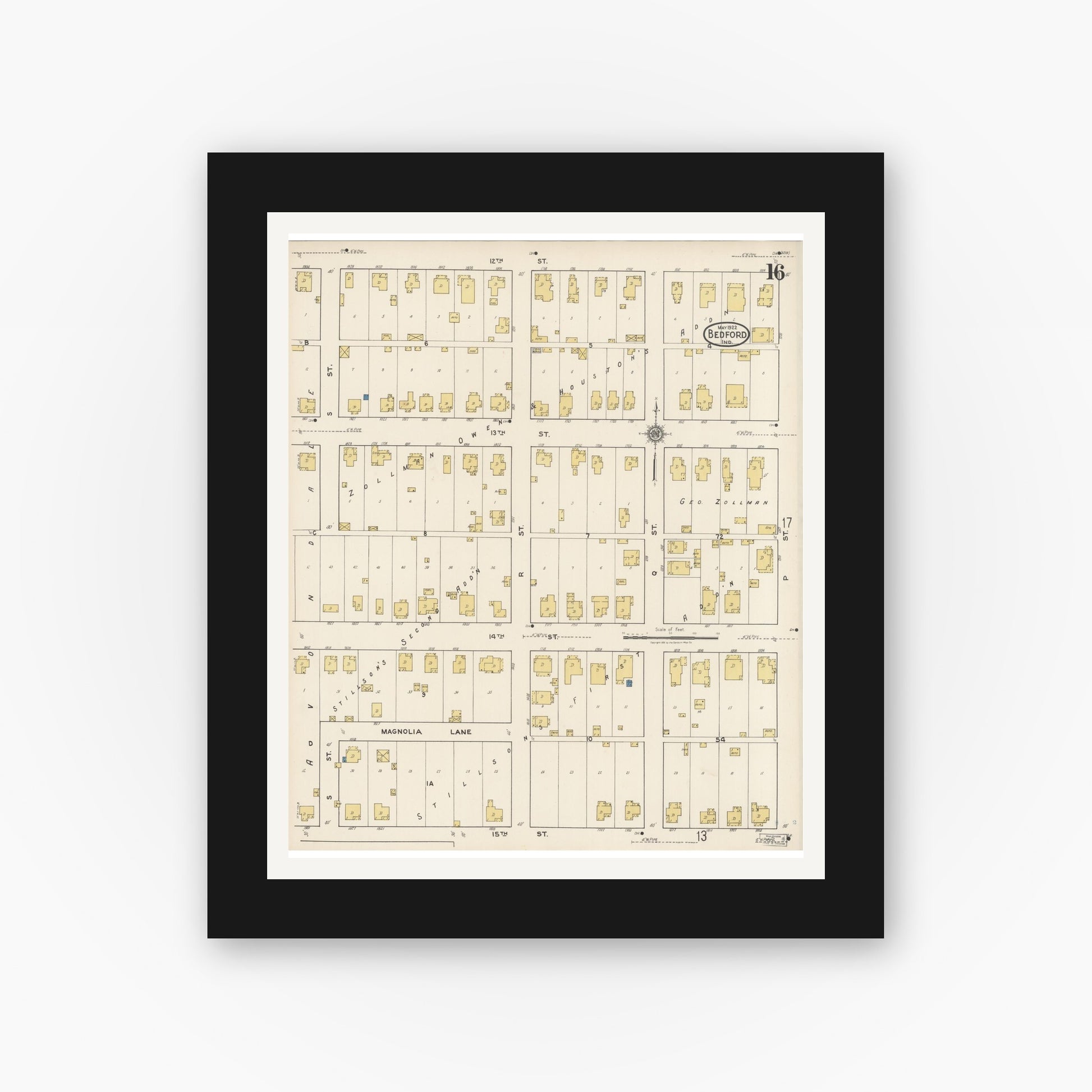 Old map wall art mockup — black gallery frame with white mat — Sanborn Fire Insurance Map from Bedford, Lawrence County, Indiana (1922), Sheet #0016