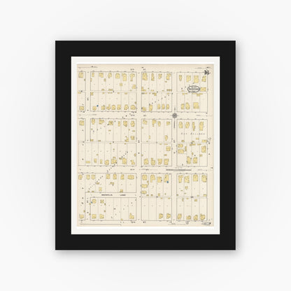 Old map wall art mockup — black gallery frame with white mat — Sanborn Fire Insurance Map from Bedford, Lawrence County, Indiana (1922), Sheet #0016