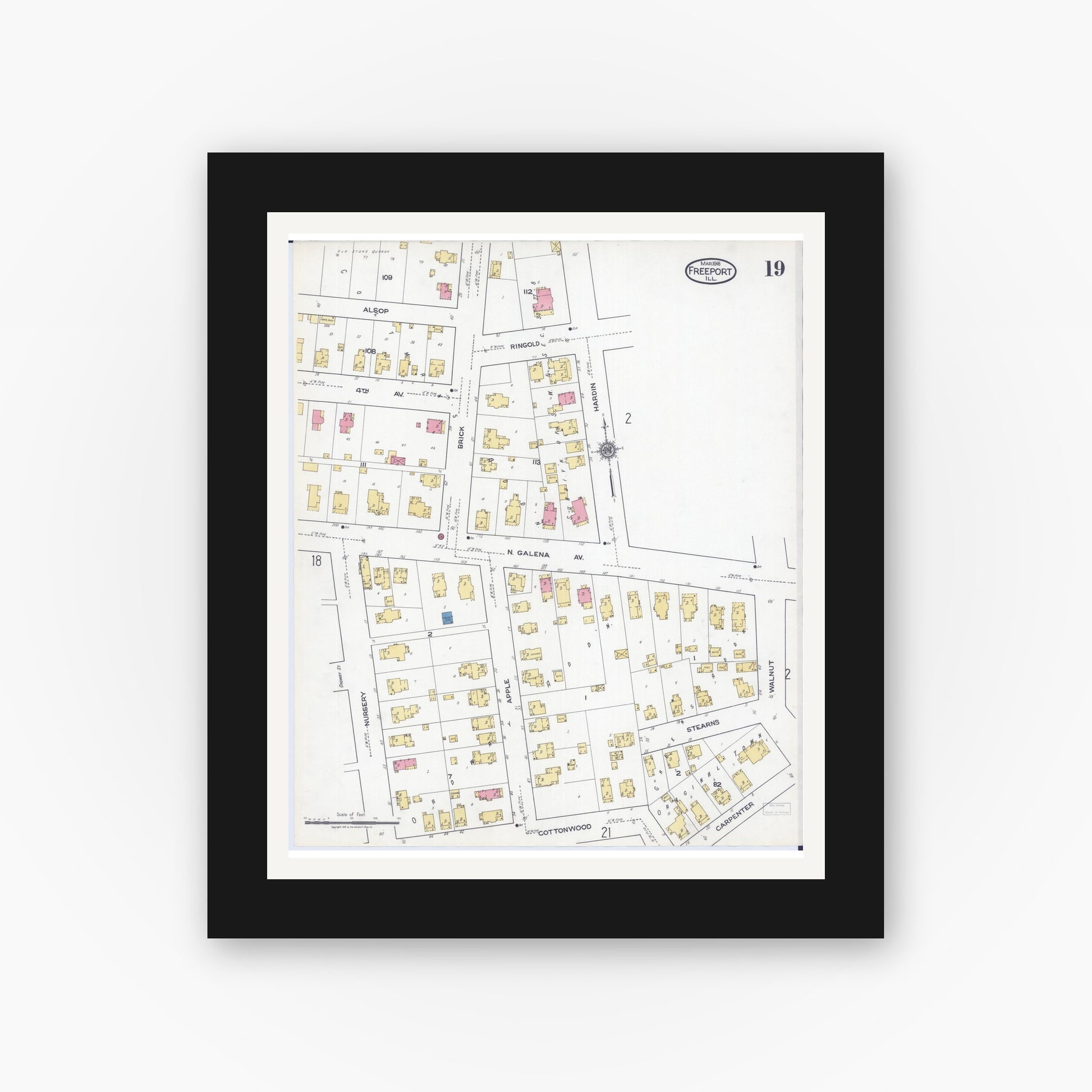 Old map wall art mockup — black gallery frame with white mat — Sanborn Fire Insurance Map from Freeport, Stephenson County, Illinois (1918), Sheet #0019