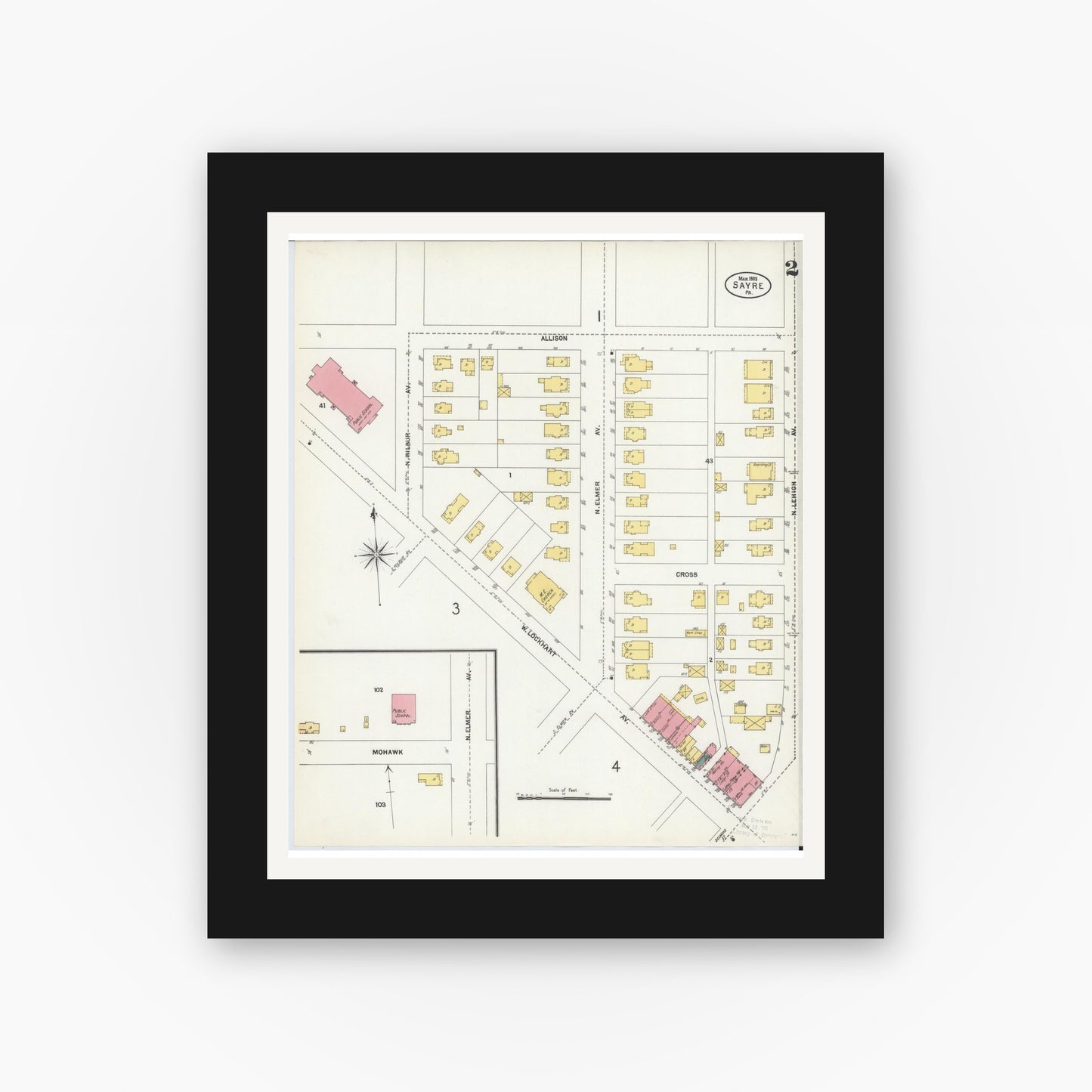 Old map wall art mockup — black gallery frame with white mat — Sanborn Fire Insurance Map from Sayre, Bradford County, Pennsylvania (1903), Sheet #0002