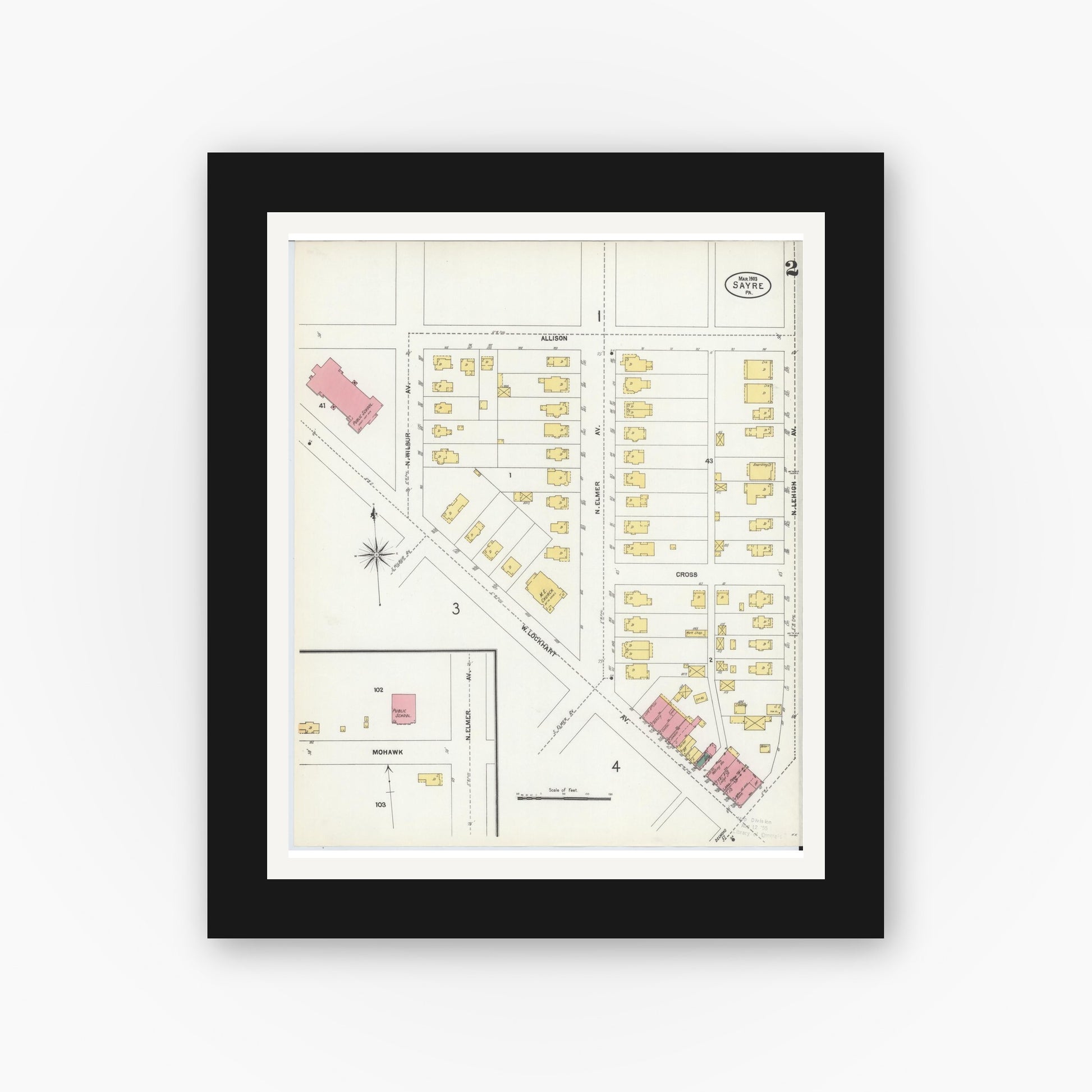 Old map wall art mockup — black gallery frame with white mat — Sanborn Fire Insurance Map from Sayre, Bradford County, Pennsylvania (1903), Sheet #0002