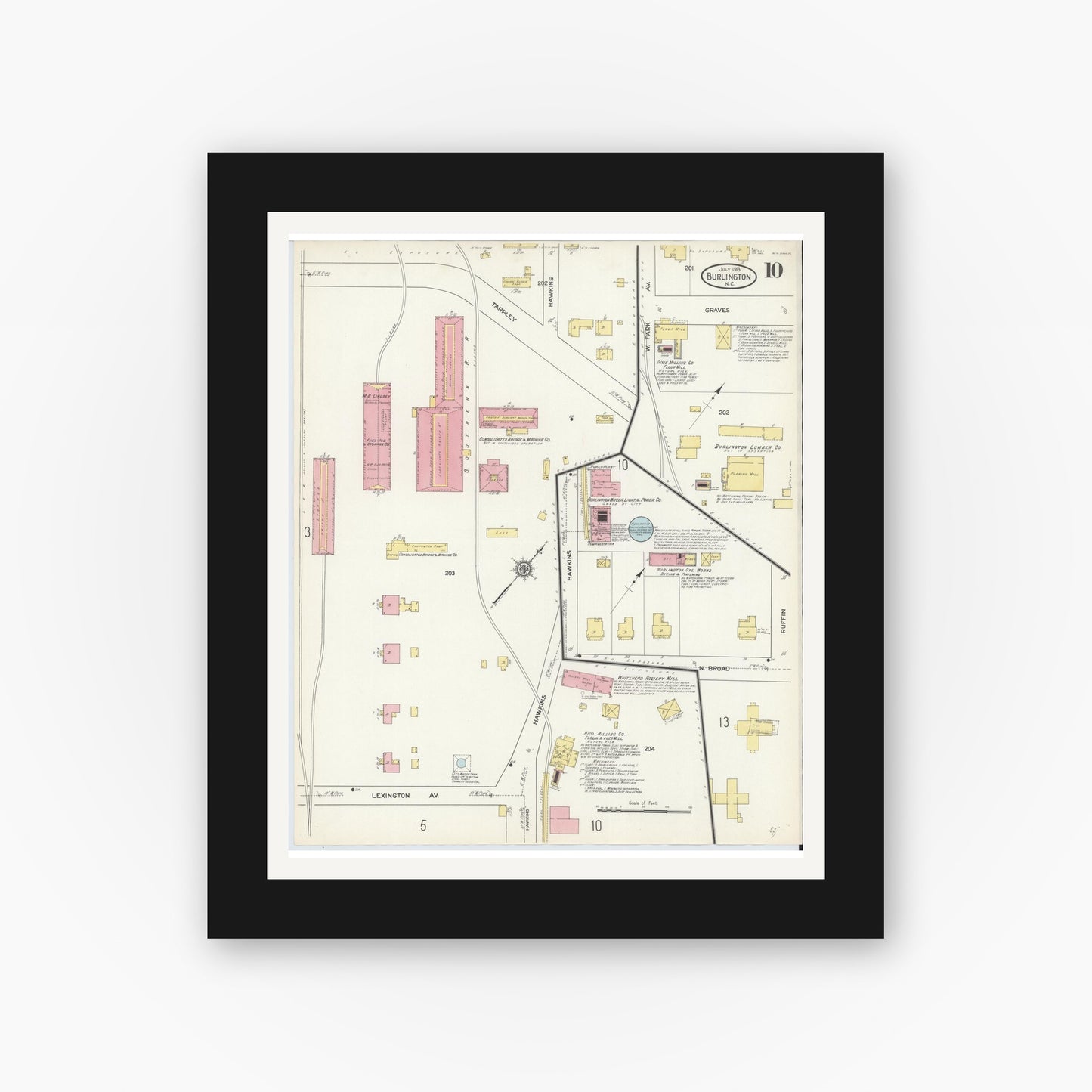 Old map wall art mockup — black gallery frame with white mat — Sanborn Fire Insurance Map from Burlington, Alamance County, North Carolina (1913), Sheet #0010