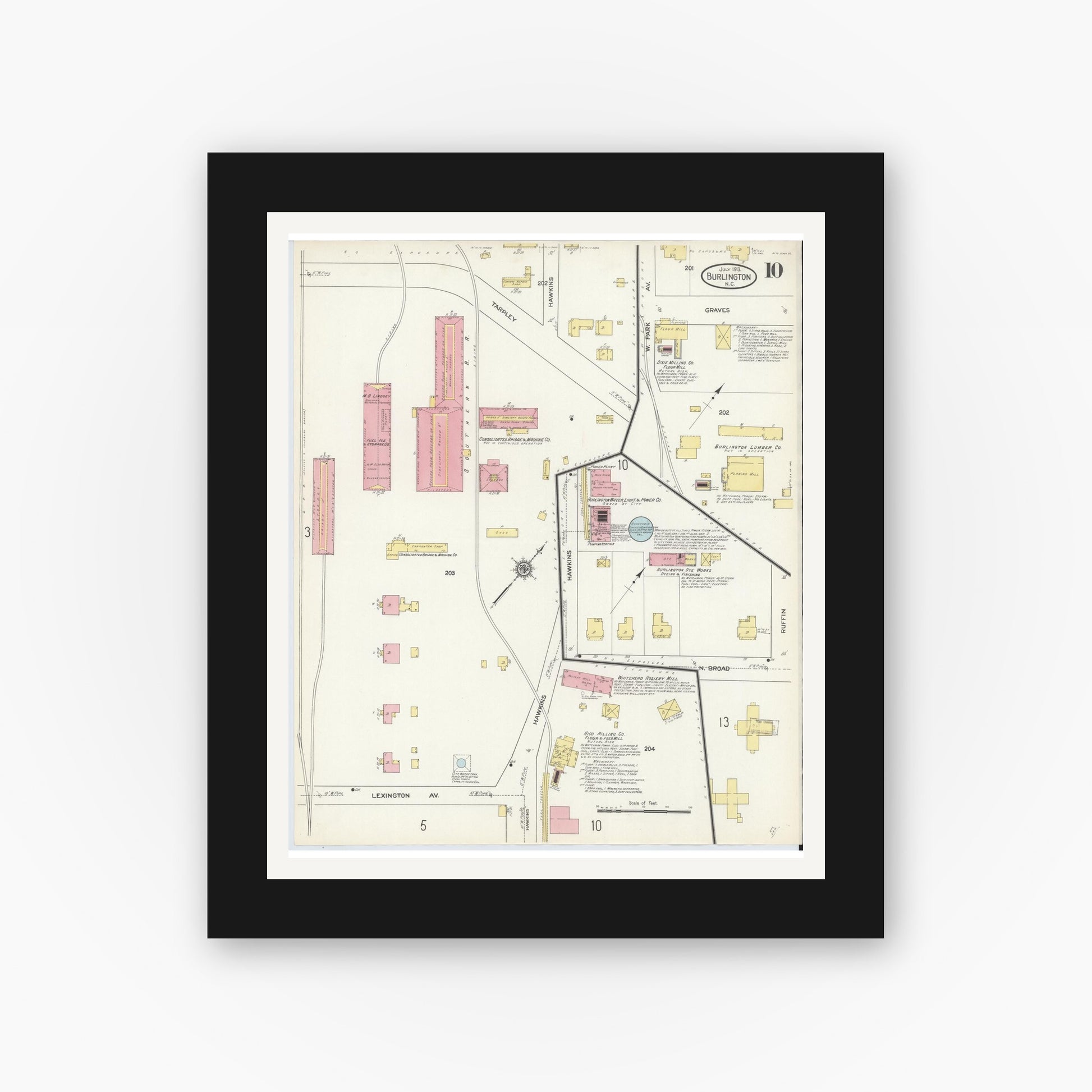 Old map wall art mockup — black gallery frame with white mat — Sanborn Fire Insurance Map from Burlington, Alamance County, North Carolina (1913), Sheet #0010
