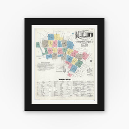 Old map wall art mockup — black gallery frame with white mat — Sanborn Fire Insurance Map from Marlborough, Middlesex County, Massachusetts (1912) - Complete Map Set