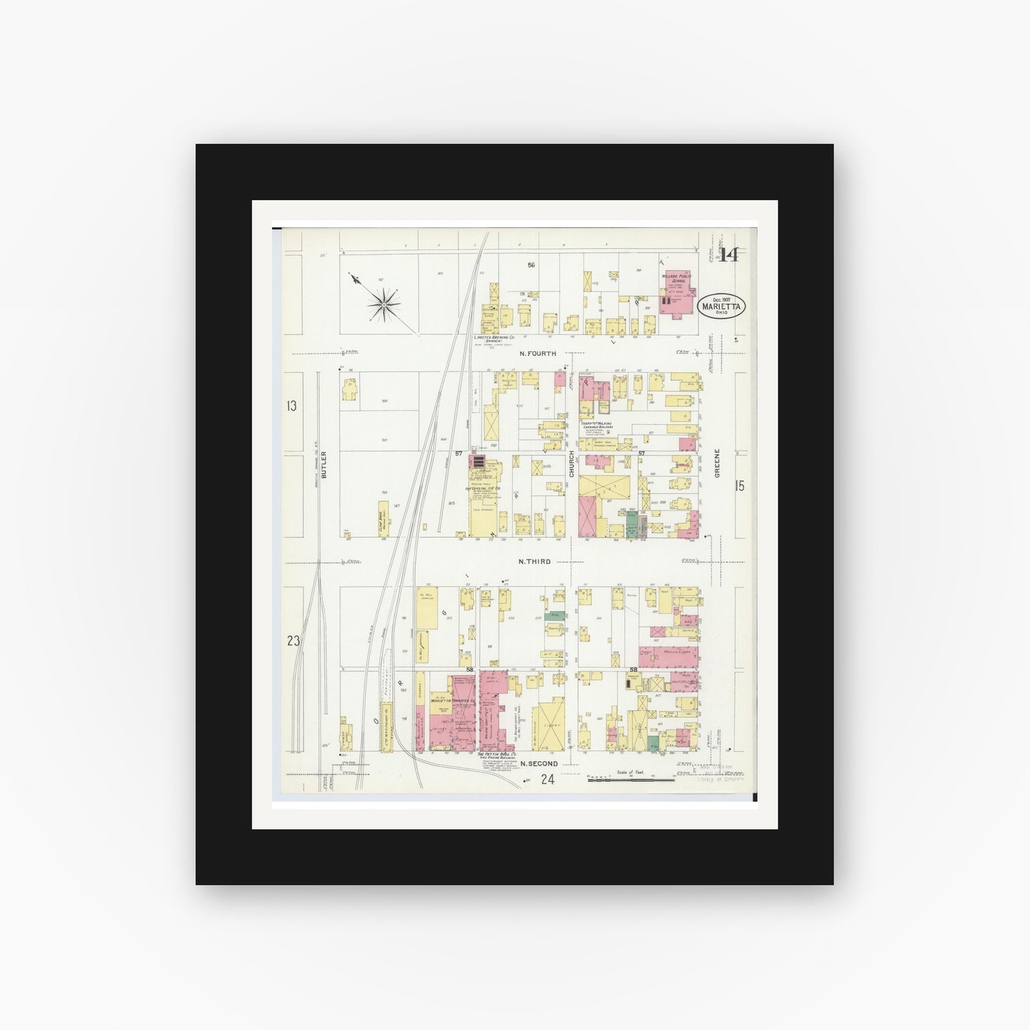 Old map wall art mockup — black gallery frame with white mat — Sanborn Fire Insurance Map from Marietta, Washington County, Ohio (1907), Sheet #0014