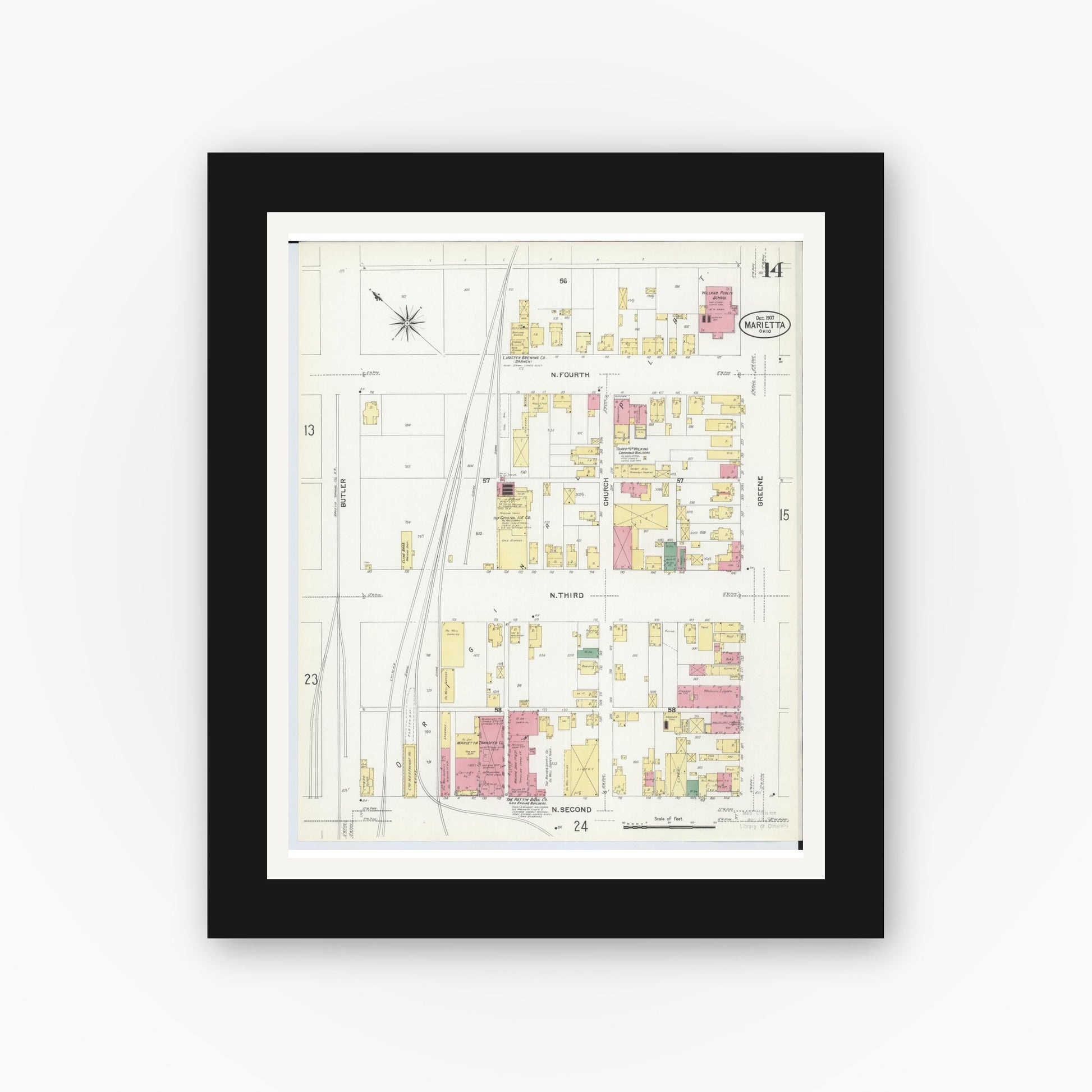 Old map wall art mockup — black gallery frame with white mat — Sanborn Fire Insurance Map from Marietta, Washington County, Ohio (1907), Sheet #0014