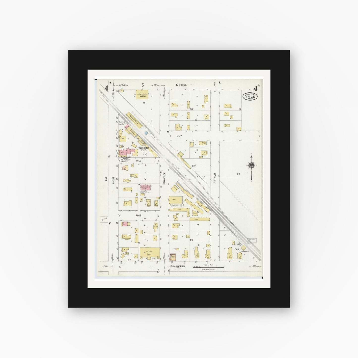 Old map wall art mockup — black gallery frame with white mat — Sanborn Fire Insurance Map from Yale, Saint Clair County, Michigan (1924), Sheet #0004