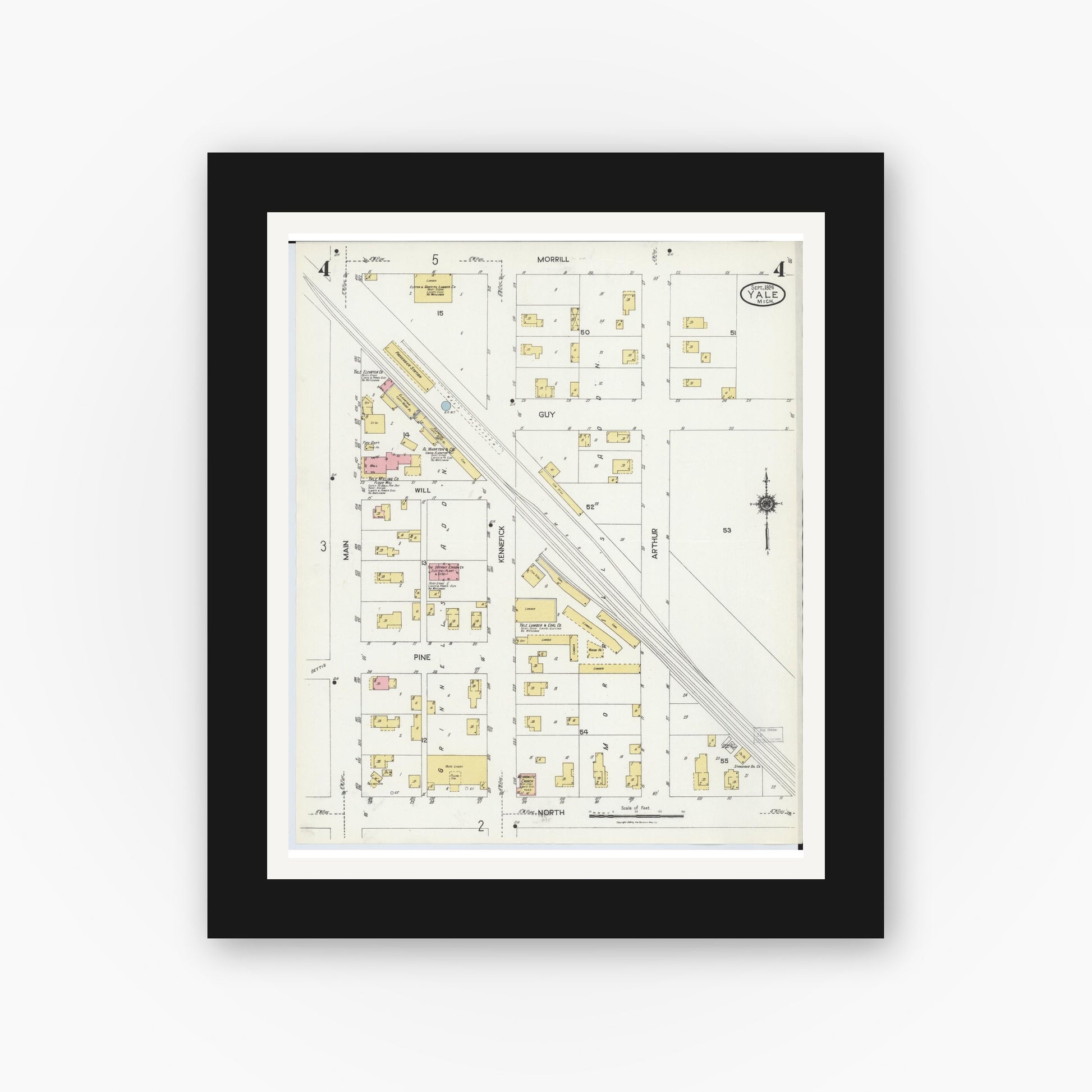 Old map wall art mockup — black gallery frame with white mat — Sanborn Fire Insurance Map from Yale, Saint Clair County, Michigan (1924), Sheet #0004