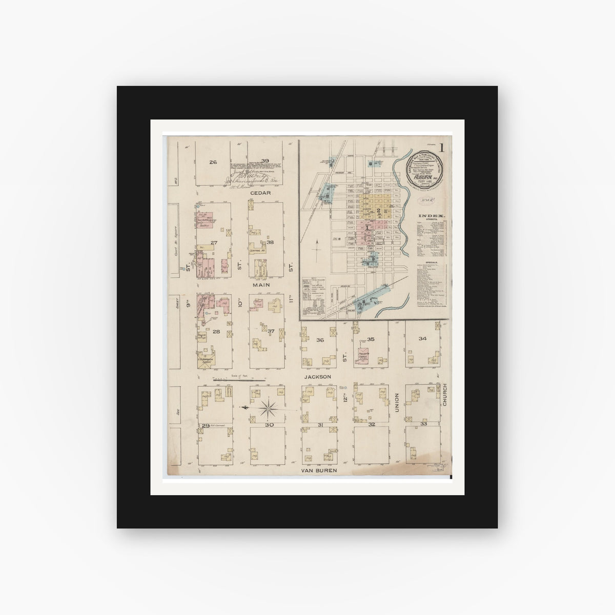 Old map wall art mockup — black gallery frame with white mat — Sanborn Fire Insurance Map from Auburn, De Kalb County, Indiana (1886) - Complete Map Set