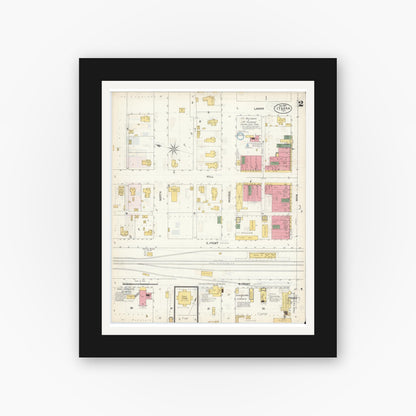 Old map wall art mockup — black gallery frame with white mat — Sanborn Fire Insurance Map from Itasca, Hill County, Texas (1902), Sheet #0002