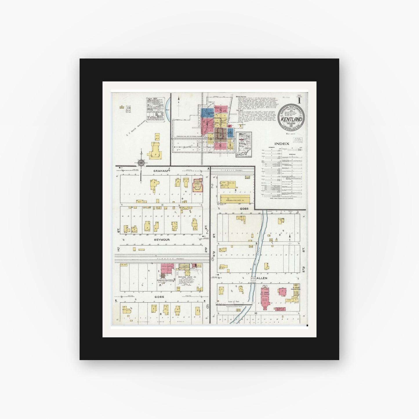 Old map wall art mockup — black gallery frame with white mat — Sanborn Fire Insurance Map from Kentland, Newton County, Indiana (1921) - Complete Map Set