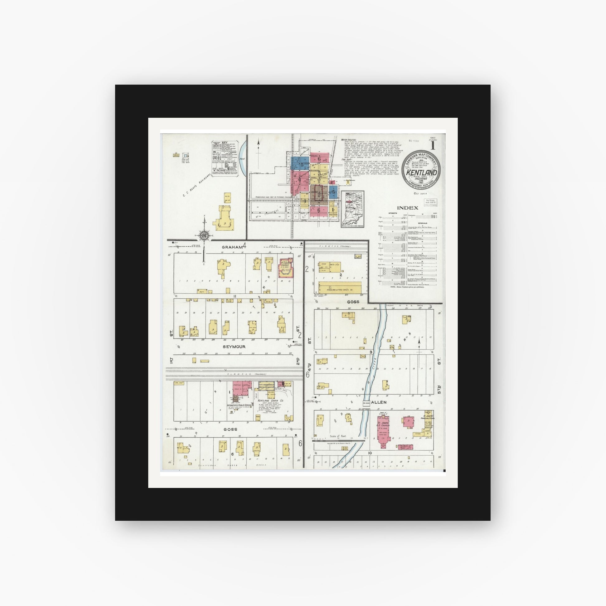 Old map wall art mockup — black gallery frame with white mat — Sanborn Fire Insurance Map from Kentland, Newton County, Indiana (1921) - Complete Map Set