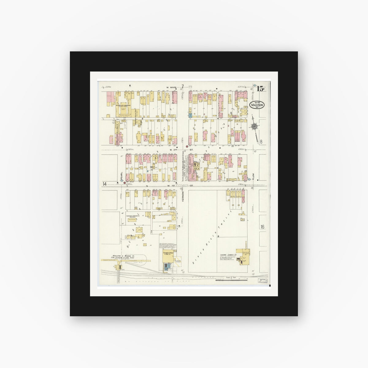 Old map wall art mockup — black gallery frame with white mat — Sanborn Fire Insurance Map from Madison, Jefferson County, Indiana (1911), Sheet #0015