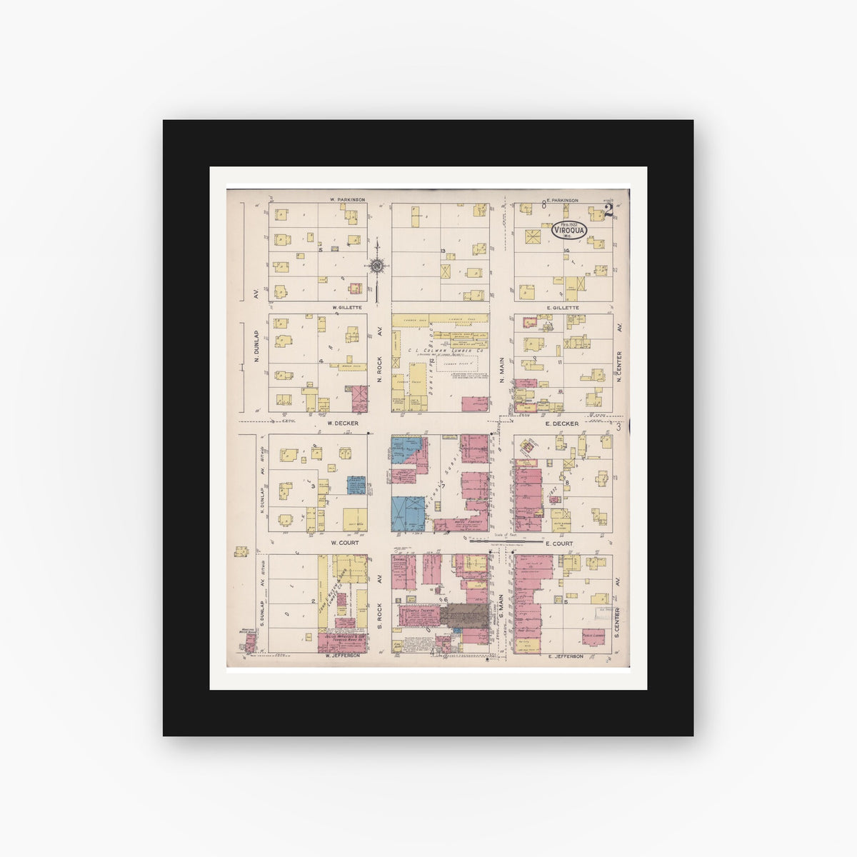 Old map wall art mockup — black gallery frame with white mat — Sanborn Fire Insurance Map from Viroqua, Vernon County, Wisconsin (1922), Sheet #0002
