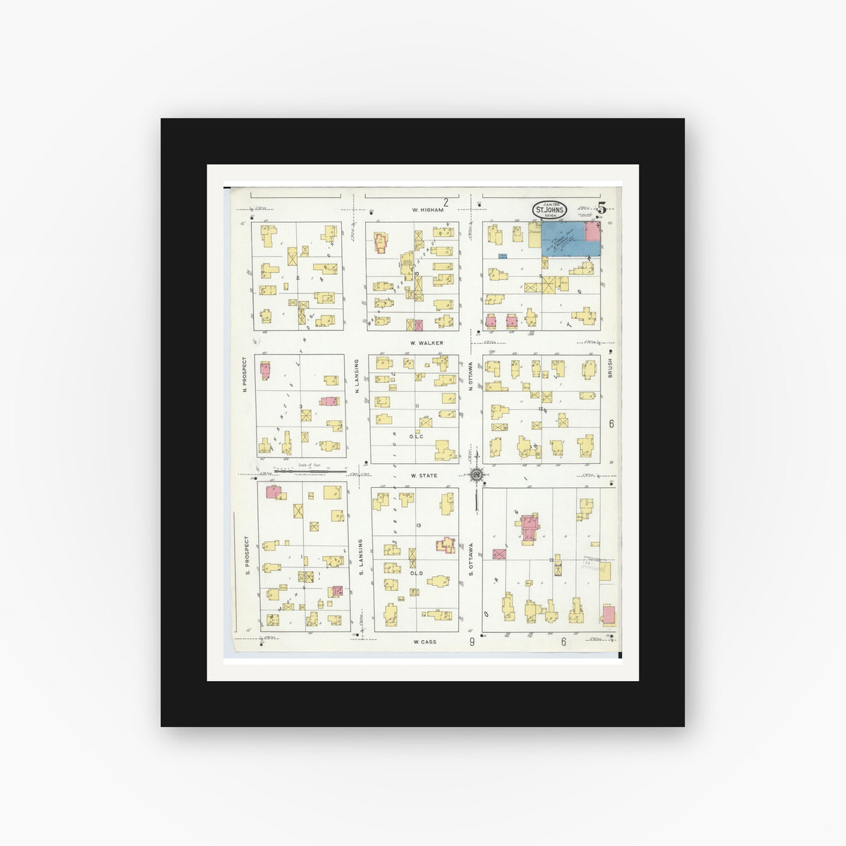 Old map wall art mockup — black gallery frame with white mat — Sanborn Fire Insurance Map from Saint Johns, Clinton County, Michigan (1918), Sheet #0005
