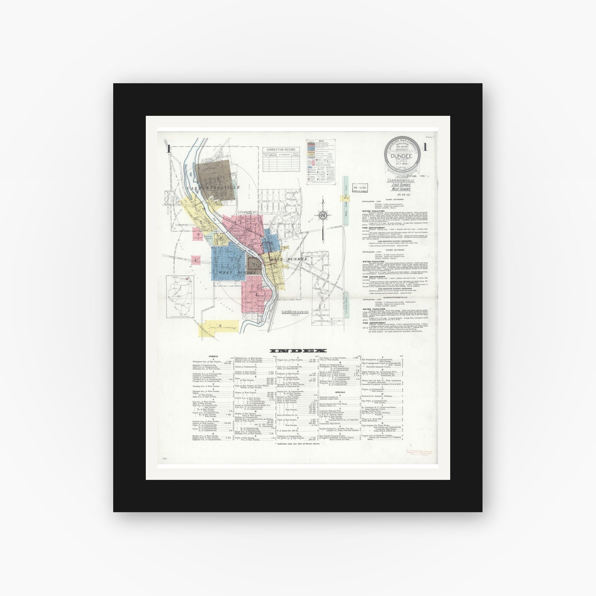 Old map wall art mockup — black gallery frame with white mat — Sanborn Fire Insurance Map from Dundee, Kane County, Illinois (1933), Sheet #0001