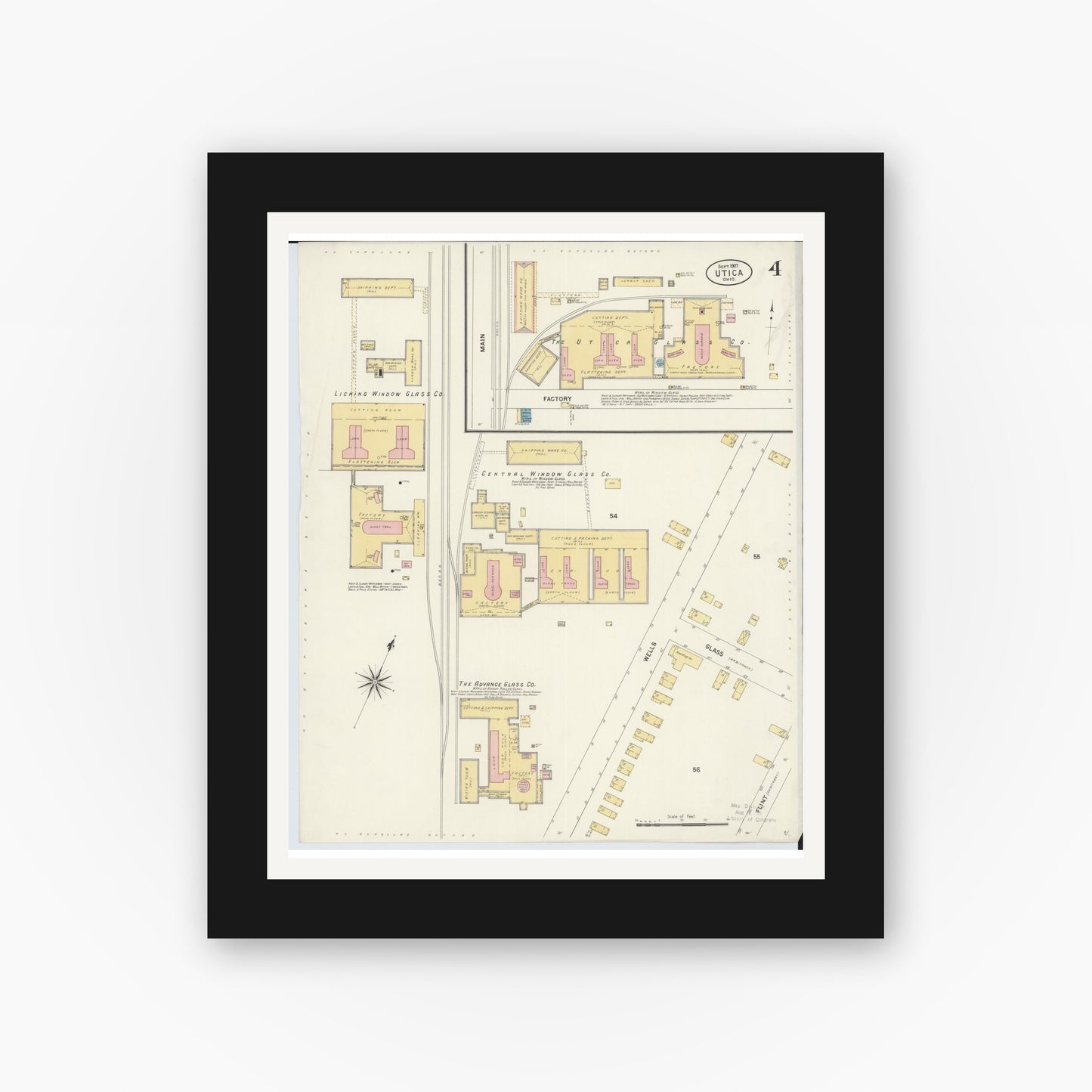 Old map wall art mockup — black gallery frame with white mat — Sanborn Fire Insurance Map from Utica, Licking County, Ohio (1907), Sheet #0004