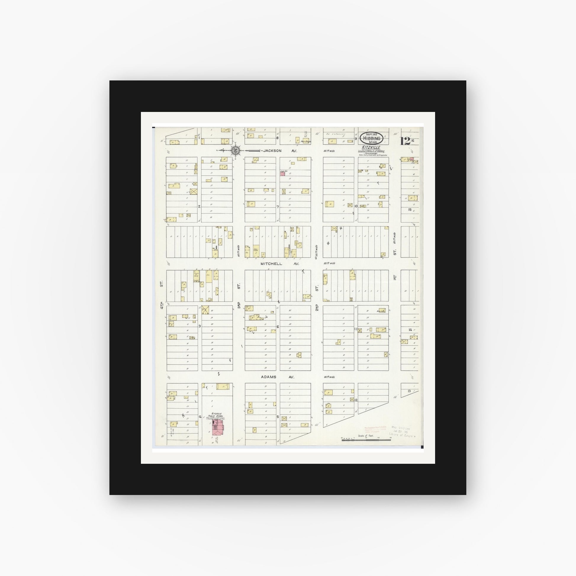 Old map wall art mockup — black gallery frame with white mat — Sanborn Fire Insurance Map from Hibbing, Saint Louis County, Minnesota (1913), Sheet #0012