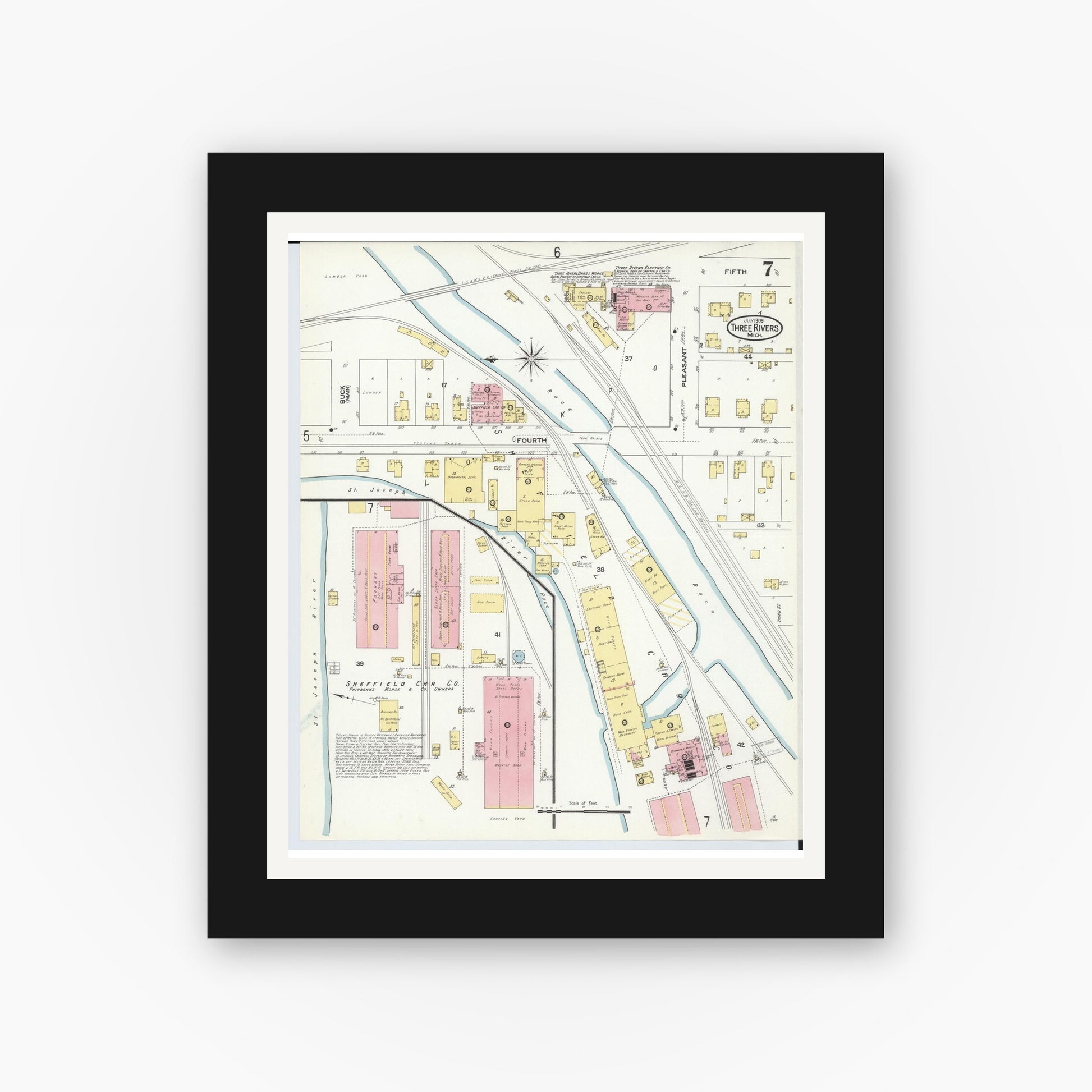 Old map wall art mockup — black gallery frame with white mat — Sanborn Fire Insurance Map from Three Rivers, Saint Joseph County, Michigan (1909), Sheet #0007