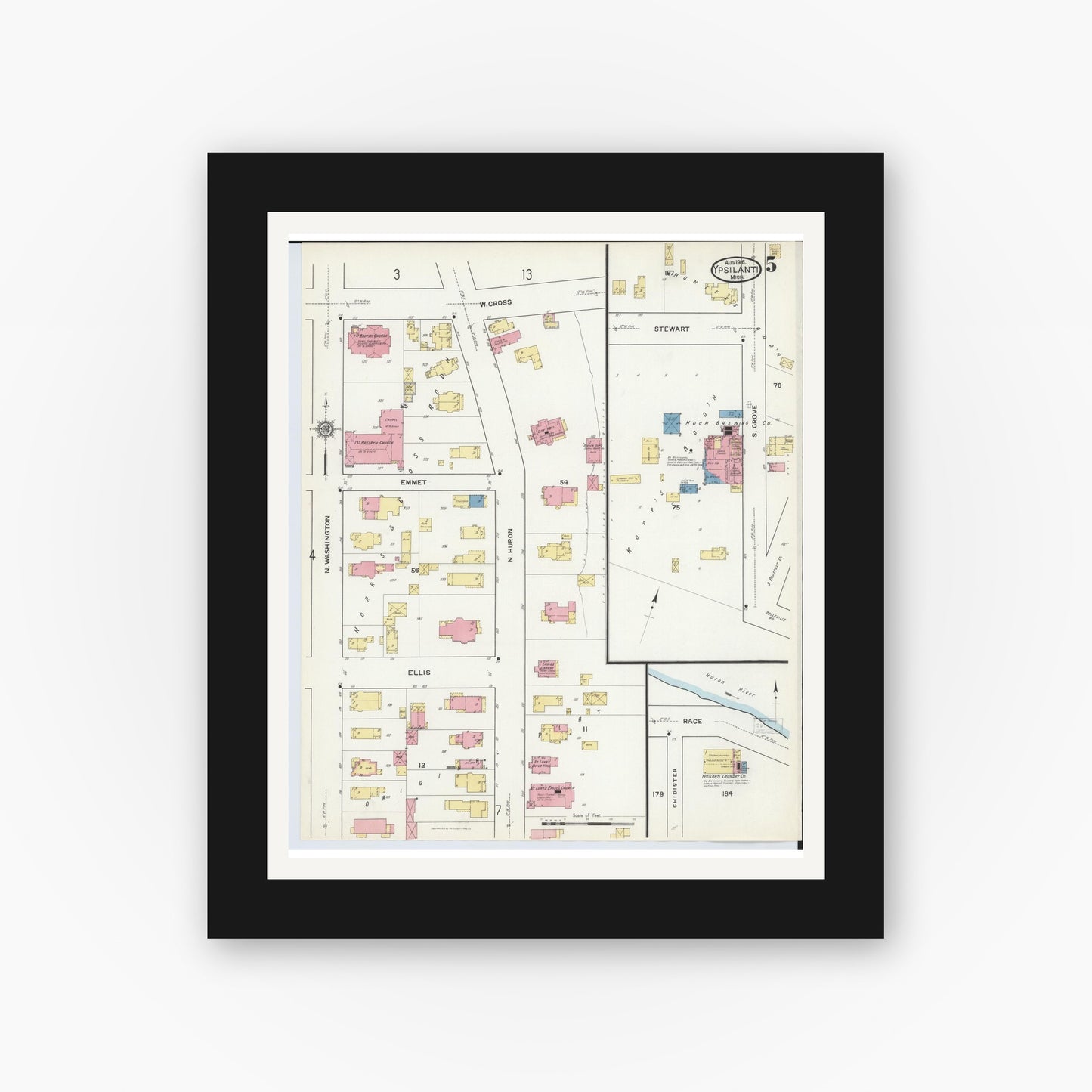 Old map wall art mockup — black gallery frame with white mat — Sanborn Fire Insurance Map from Ypsilanti, Washtenaw County, Michigan (1916), Sheet #0005