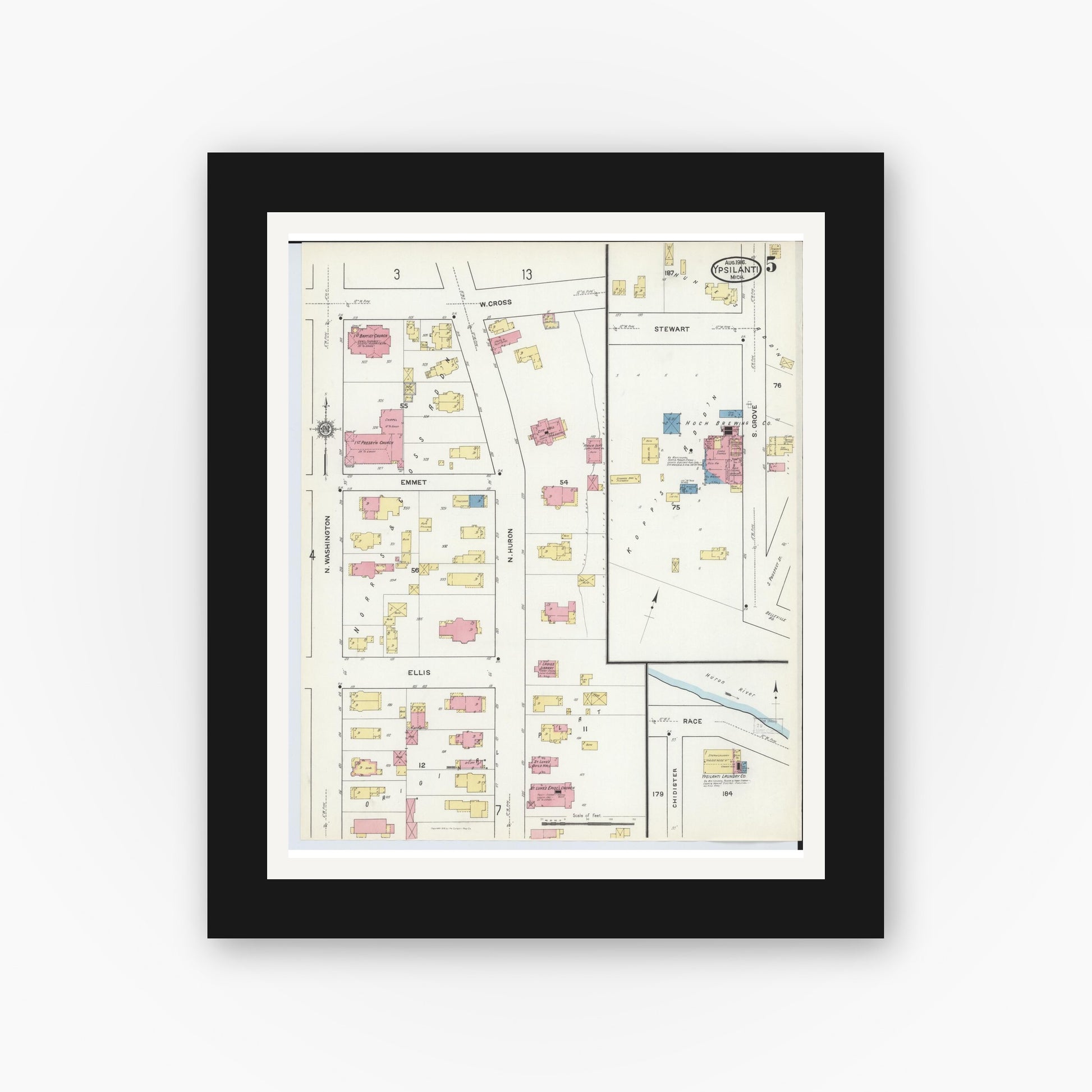 Old map wall art mockup — black gallery frame with white mat — Sanborn Fire Insurance Map from Ypsilanti, Washtenaw County, Michigan (1916), Sheet #0005