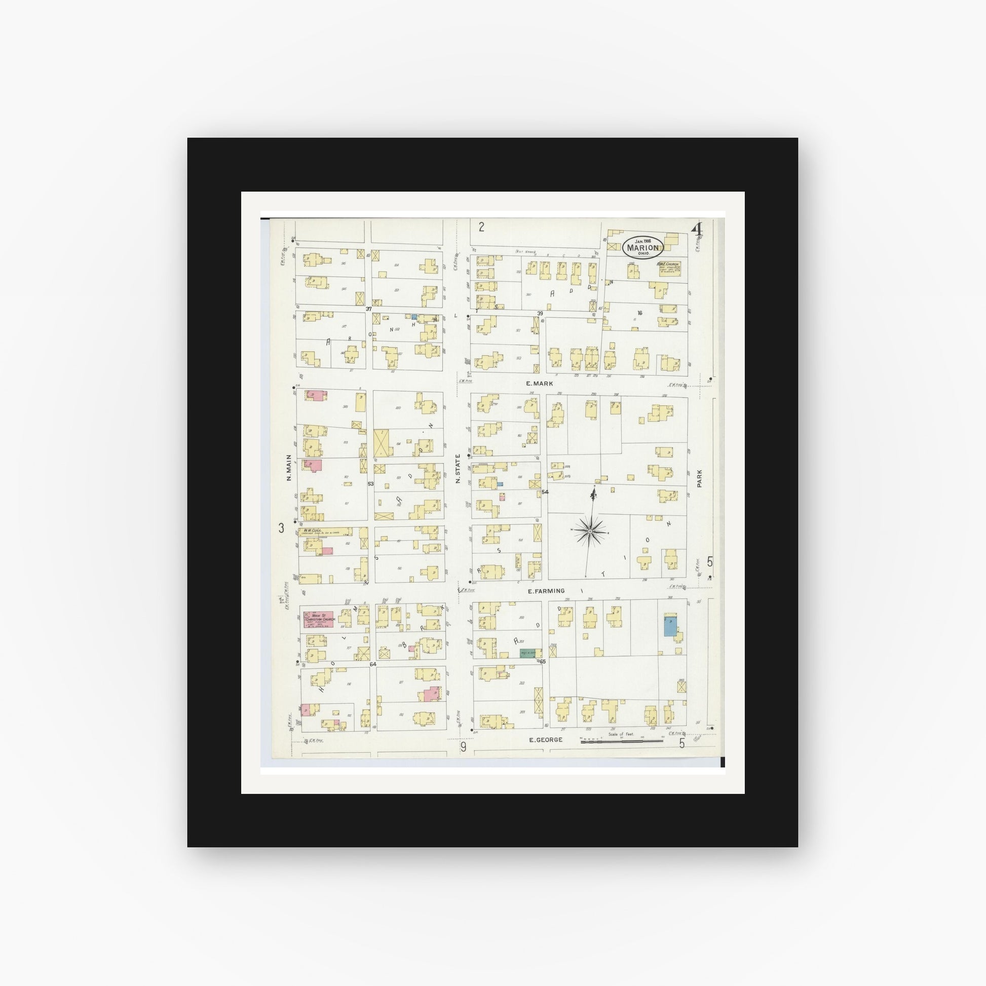 Old map wall art mockup — black gallery frame with white mat — Sanborn Fire Insurance Map from Marion, Marion County, Ohio (1908), Sheet #0004