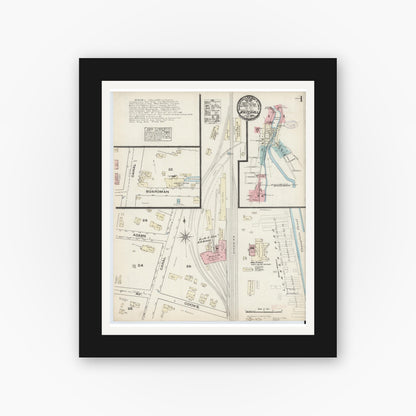 Old map wall art mockup — black gallery frame with white mat — Sanborn Fire Insurance Map from Whitehall, Washington County, New York (1884), Sheet #0001