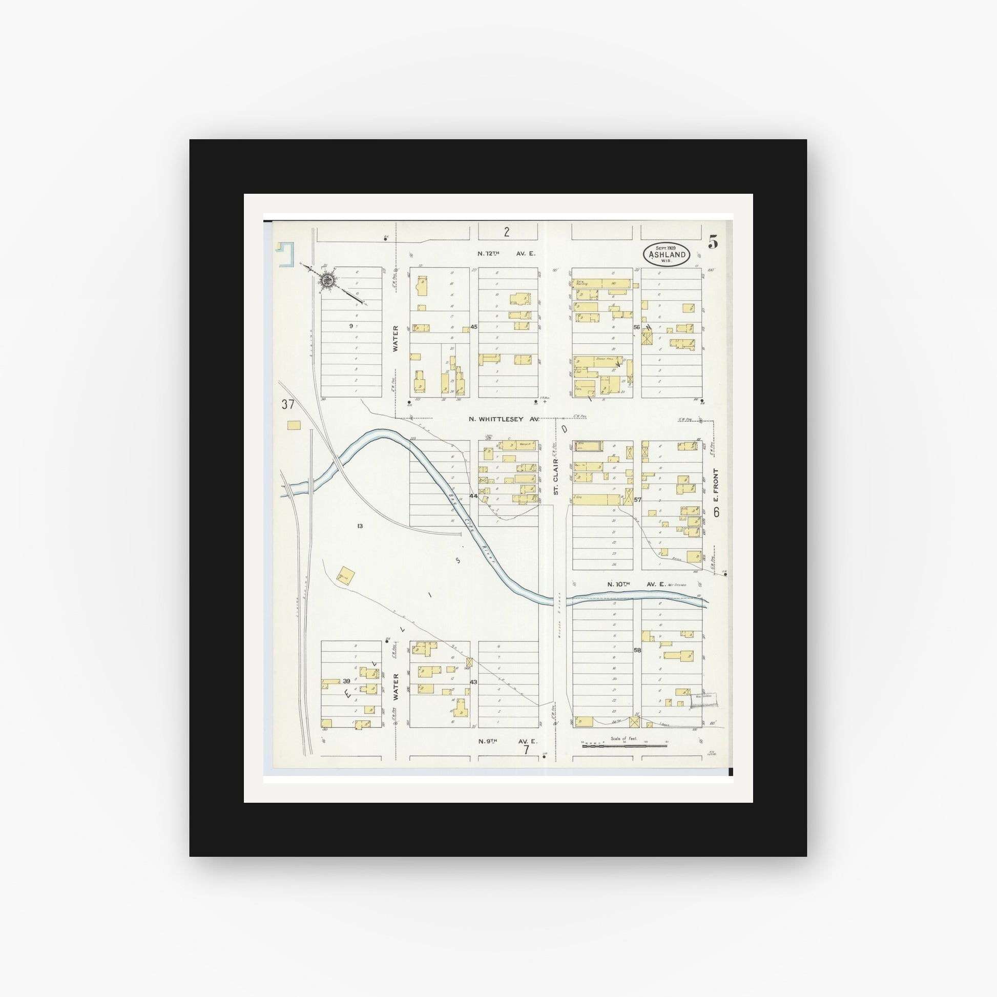 Old map wall art mockup — black gallery frame with white mat — Sanborn Fire Insurance Map from Ashland, Ashland County, Wisconsin (1909), Sheet #0005