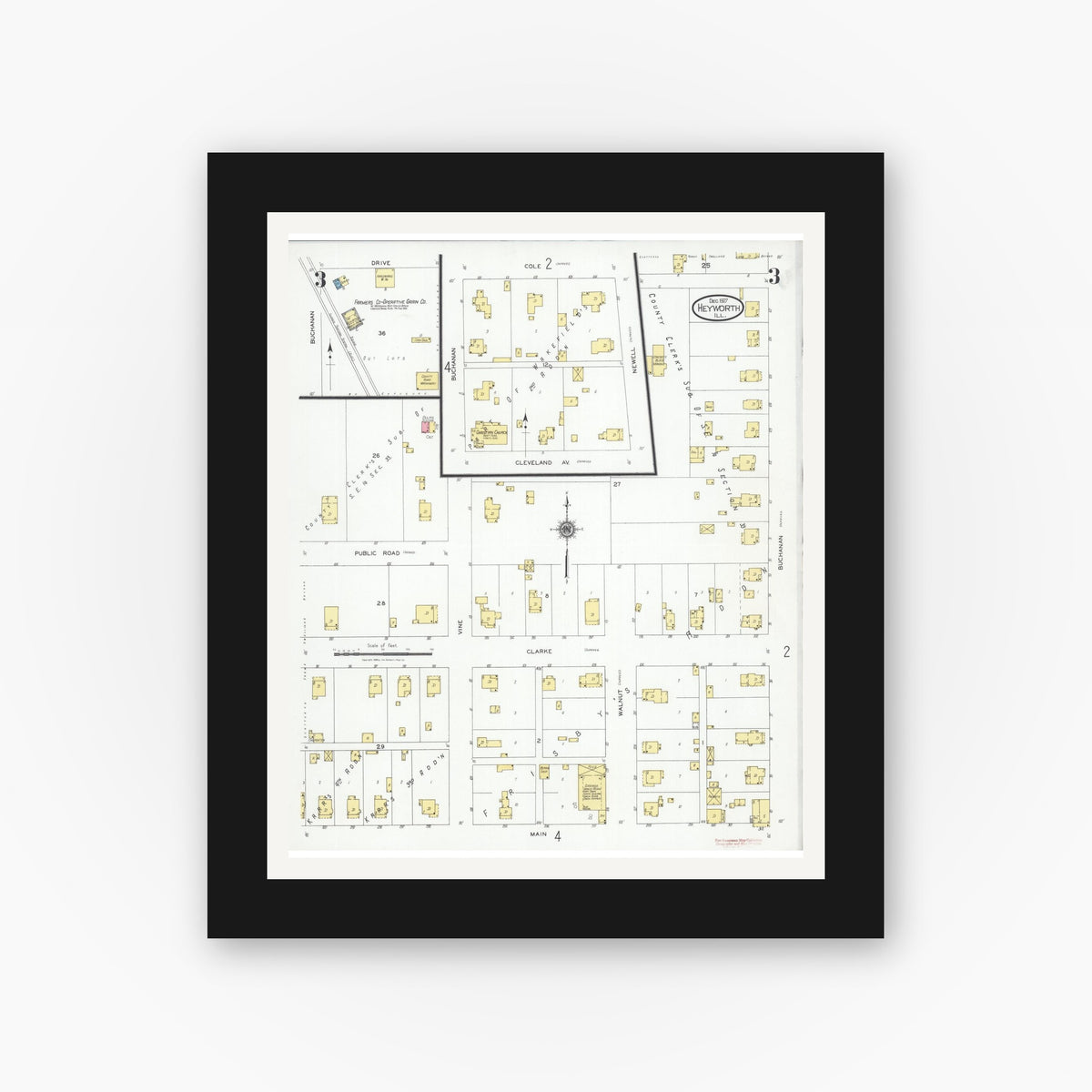 Old map wall art mockup — black gallery frame with white mat — Sanborn Fire Insurance Map from Heyworth, McLean County, Illinois (1927), Sheet #0003
