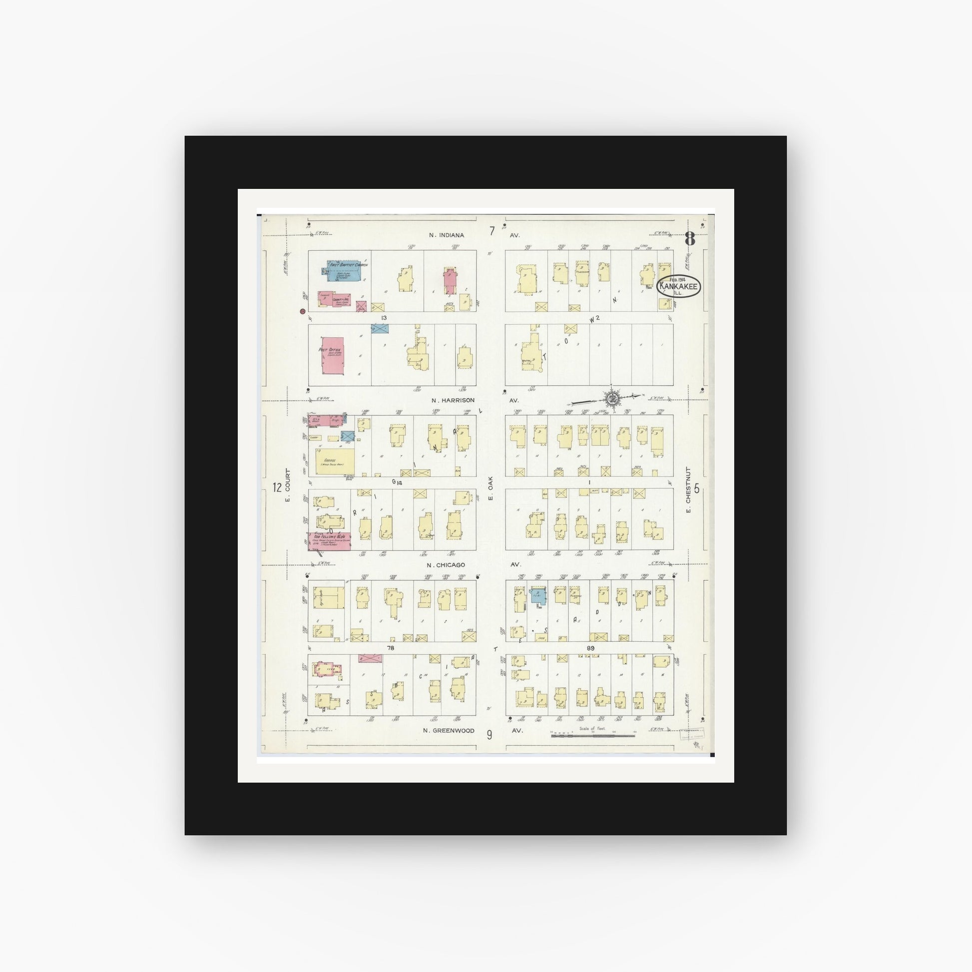 Old map wall art mockup — black gallery frame with white mat — Sanborn Fire Insurance Map from Kankakee, Kankakee County, Illinois (1914), Sheet #0008