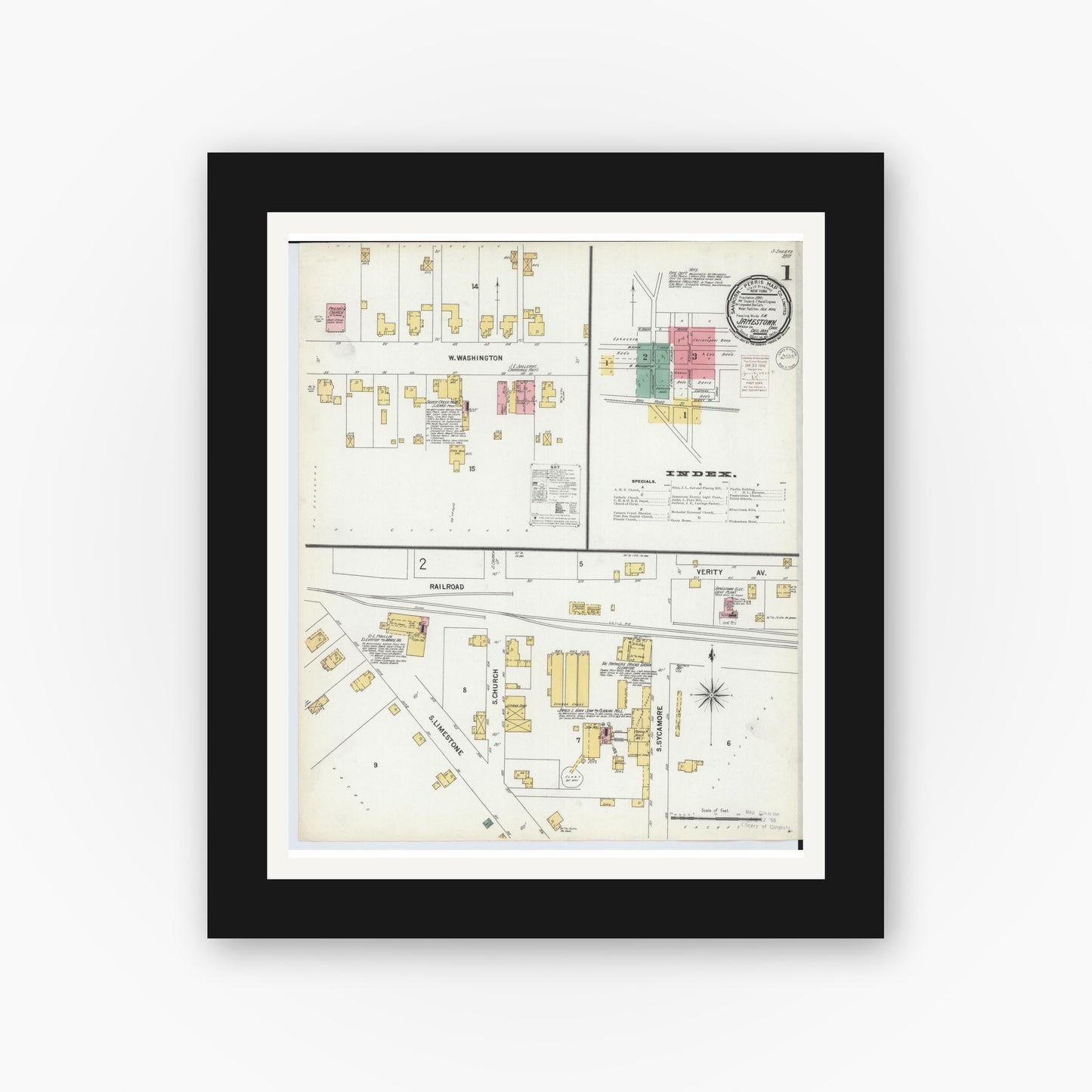 Old map wall art mockup — black gallery frame with white mat — Sanborn Fire Insurance Map from Jamestown, Greene County, Ohio (1899) - Complete Map Set