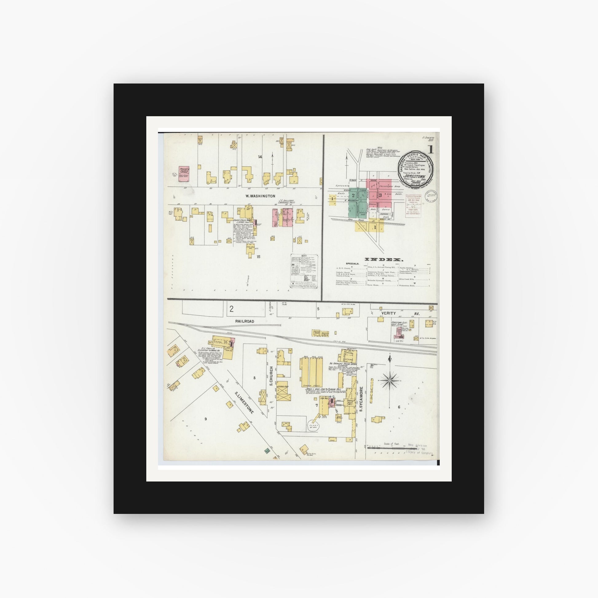 Old map wall art mockup — black gallery frame with white mat — Sanborn Fire Insurance Map from Jamestown, Greene County, Ohio (1899) - Complete Map Set