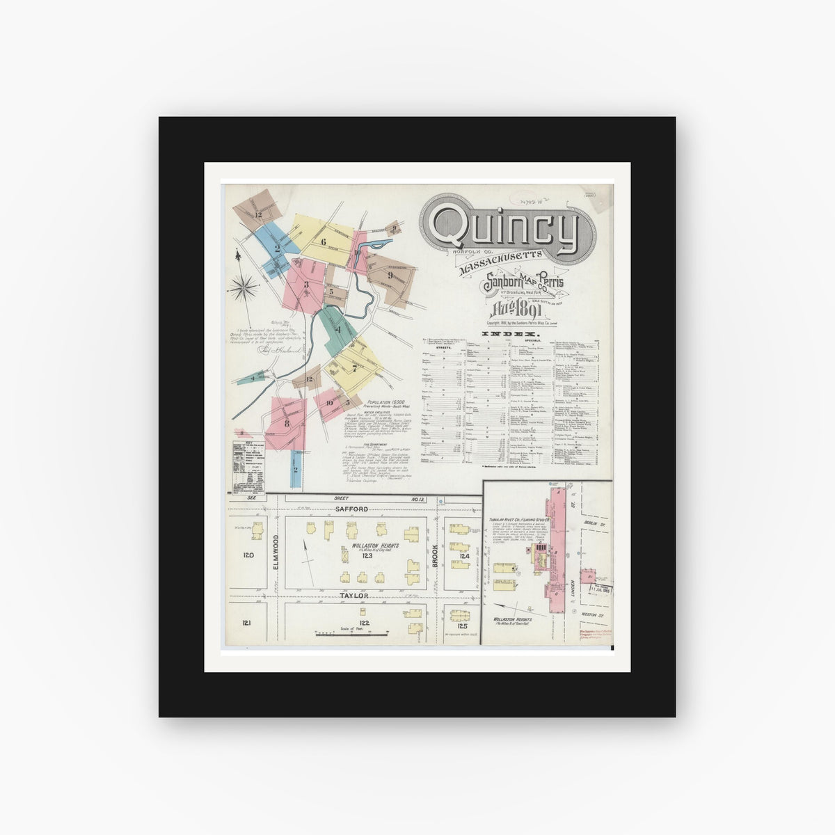 Old map wall art mockup — black gallery frame with white mat — Sanborn Fire Insurance Map from Quincy, Norfolk County, Massachusetts (1891) - Complete Map Set