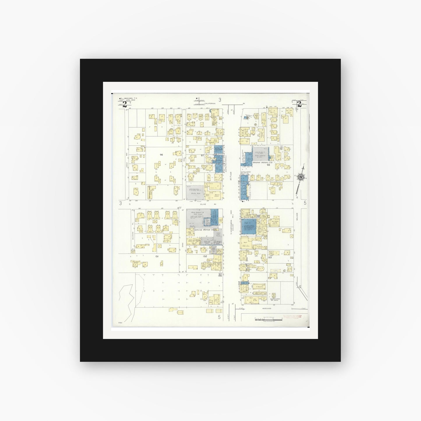 Old map wall art mockup — black gallery frame with white mat — Sanborn Fire Insurance Map from Wahiawa, Honolulu County, Hawaii (1942), Sheet #0002