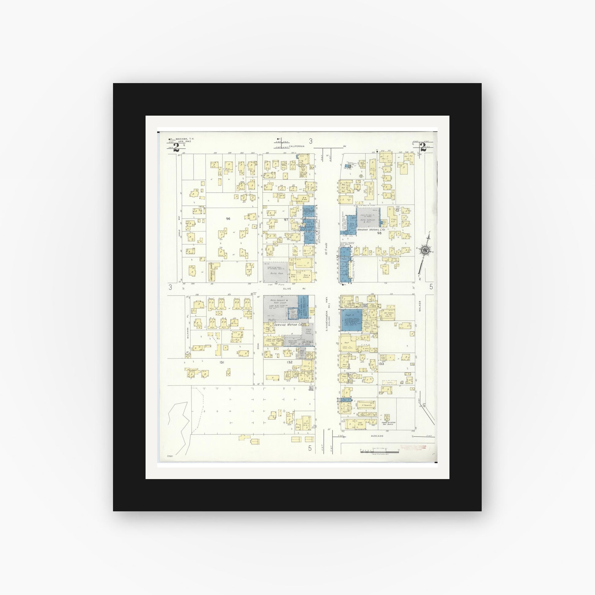 Old map wall art mockup — black gallery frame with white mat — Sanborn Fire Insurance Map from Wahiawa, Honolulu County, Hawaii (1942), Sheet #0002