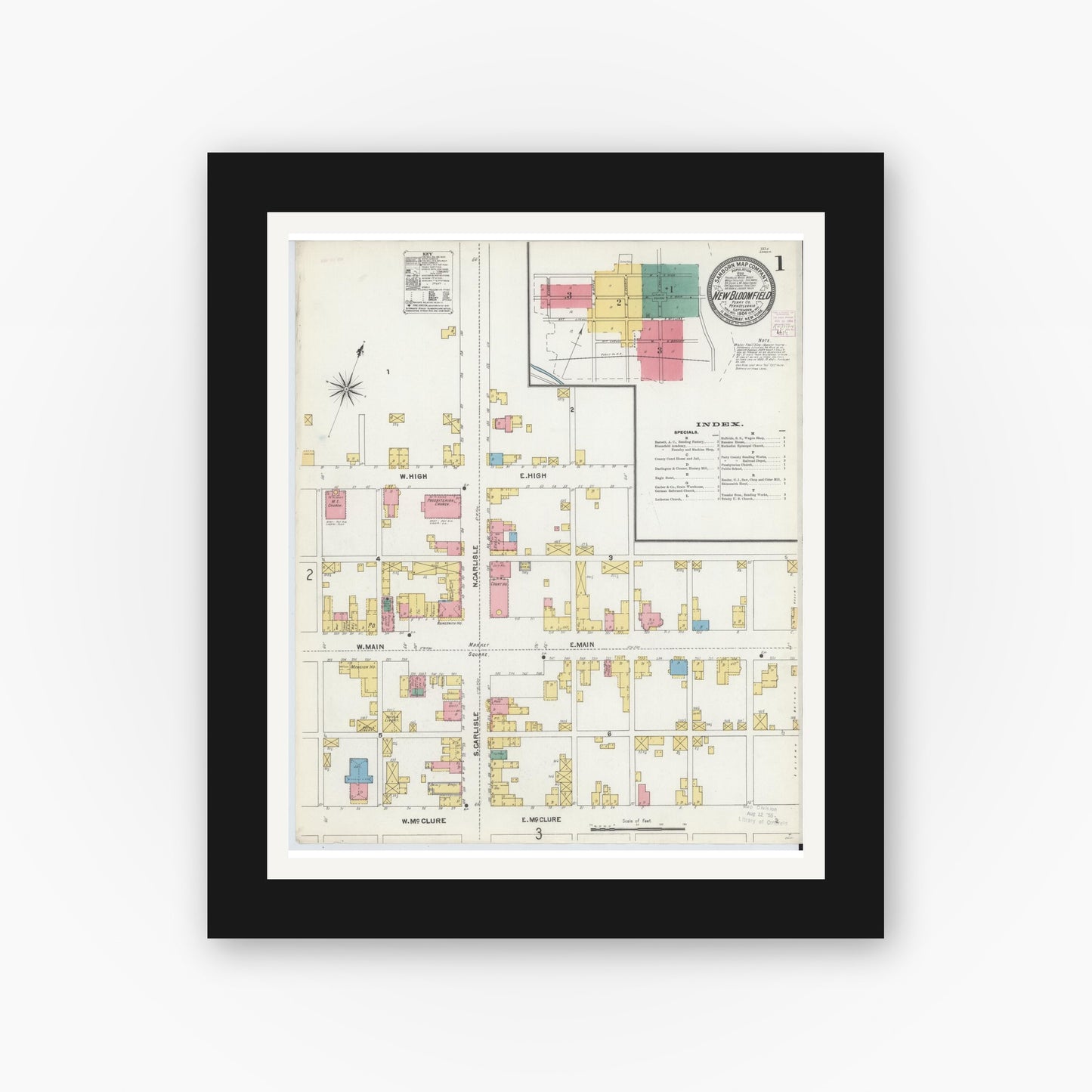 Old map wall art mockup — black gallery frame with white mat — Sanborn Fire Insurance Map from New Bloomfield, Perry County, Pennsylvania (1904) - Complete Map Set