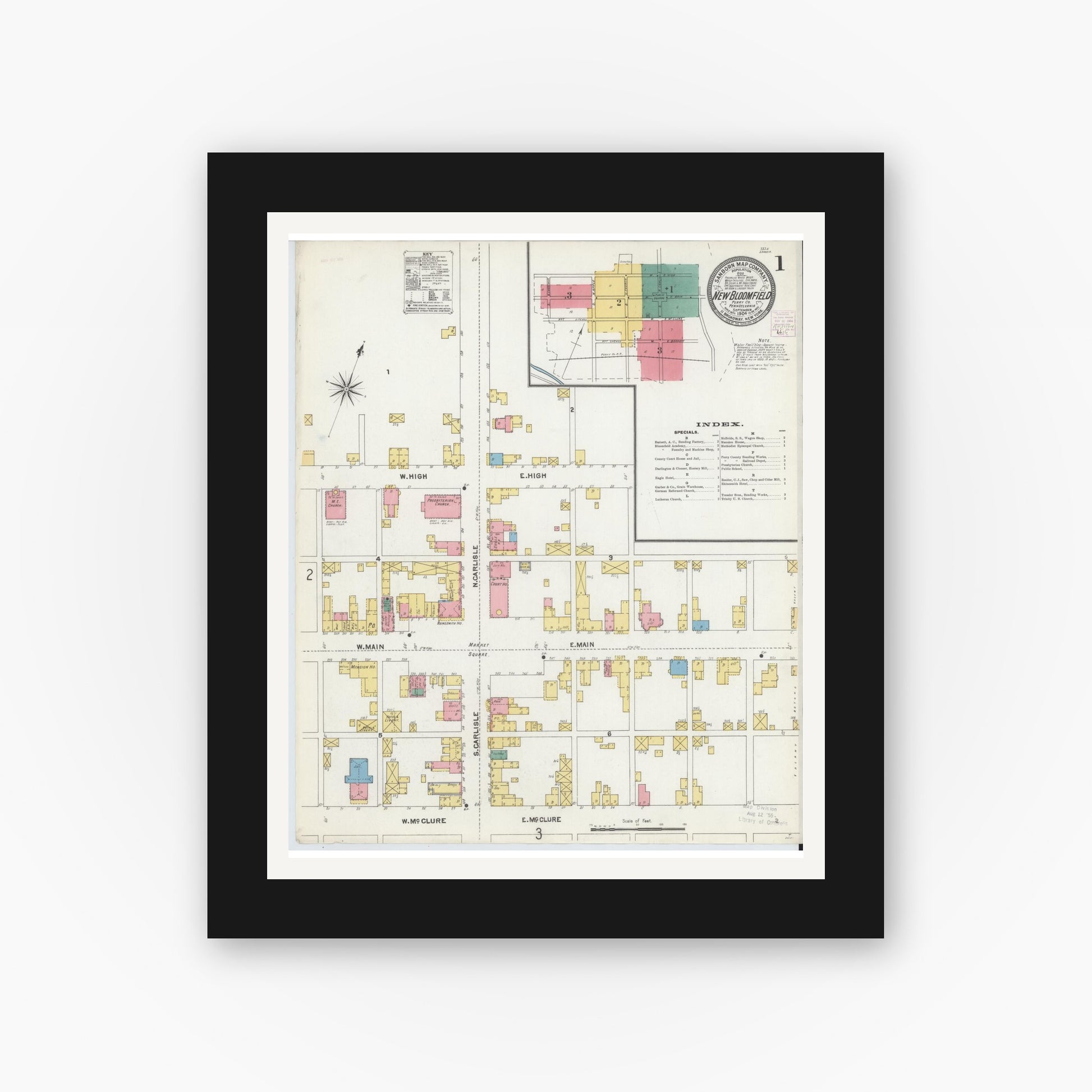 Old map wall art mockup — black gallery frame with white mat — Sanborn Fire Insurance Map from New Bloomfield, Perry County, Pennsylvania (1904) - Complete Map Set