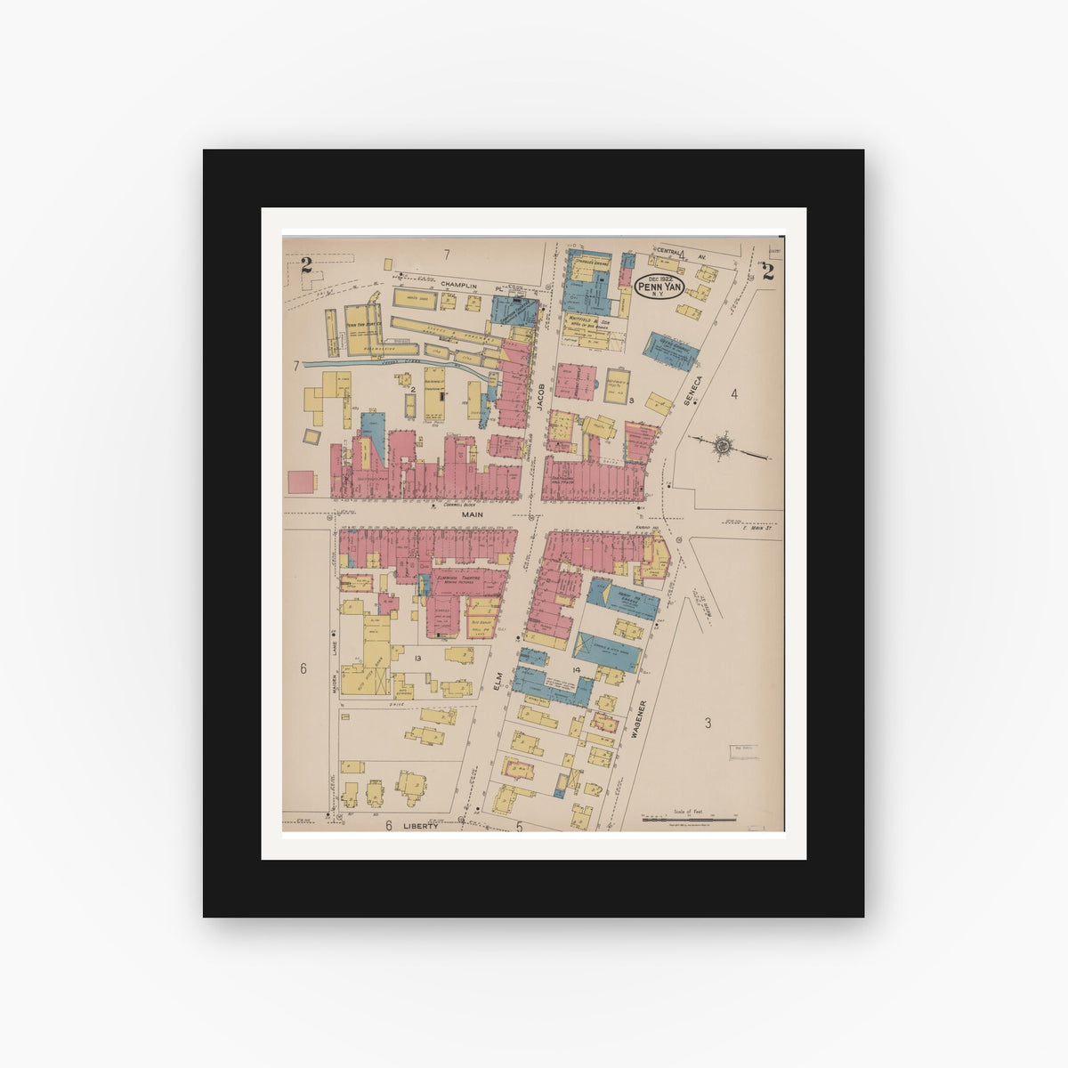 Old map wall art mockup — black gallery frame with white mat — Sanborn Fire Insurance Map from Penn Yan, Yates County, New York (1922), Sheet #0002