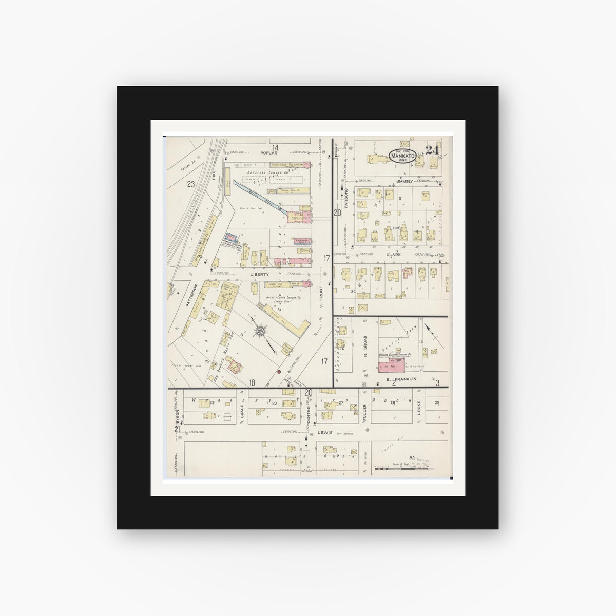 Old map wall art mockup — black gallery frame with white mat — Sanborn Fire Insurance Map from Mankato, Blue Earth County, Minnesota (1914), Sheet #0024