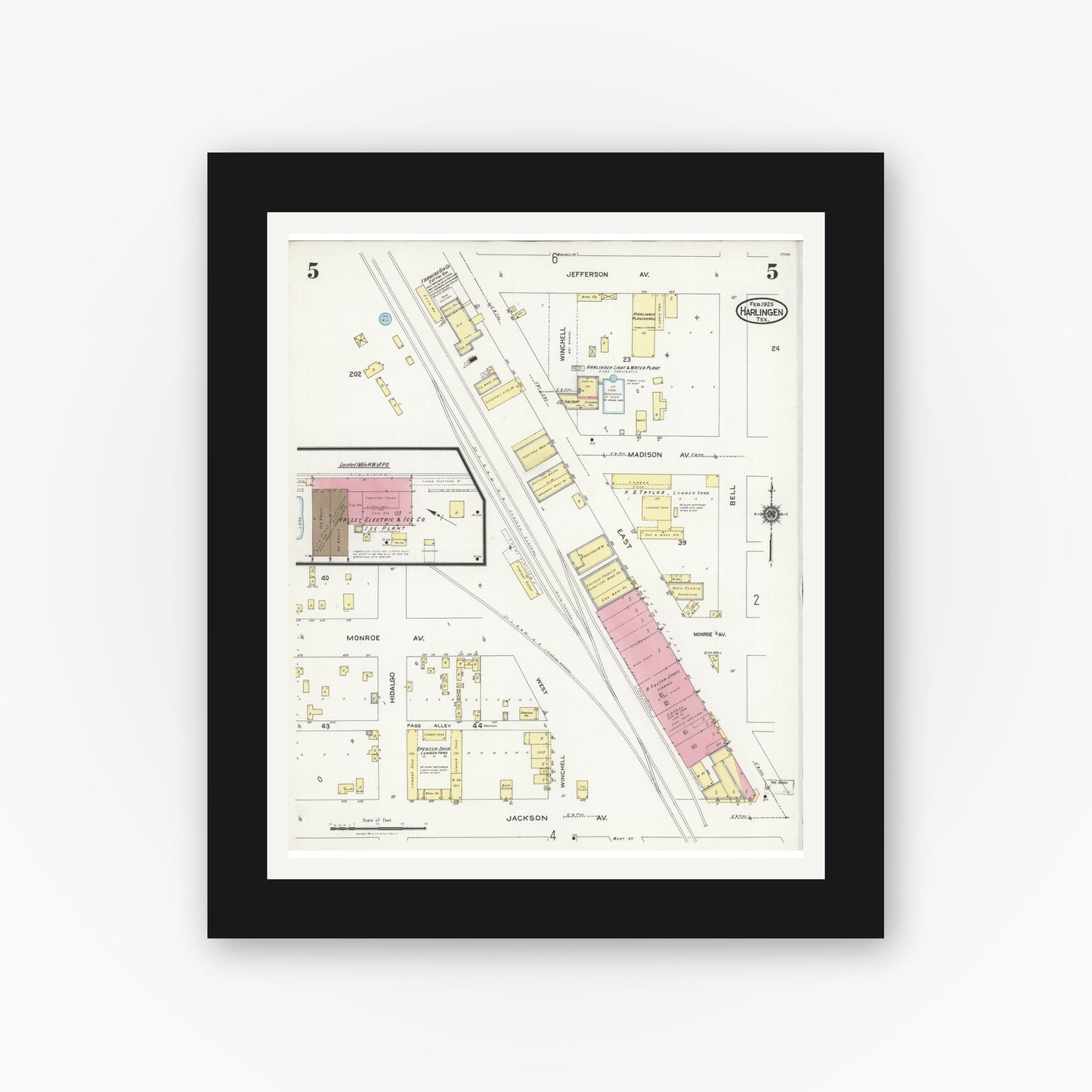 Old map wall art mockup — black gallery frame with white mat — Sanborn Fire Insurance Map from Harlingen, Cameron County, Texas (1925), Sheet #0005