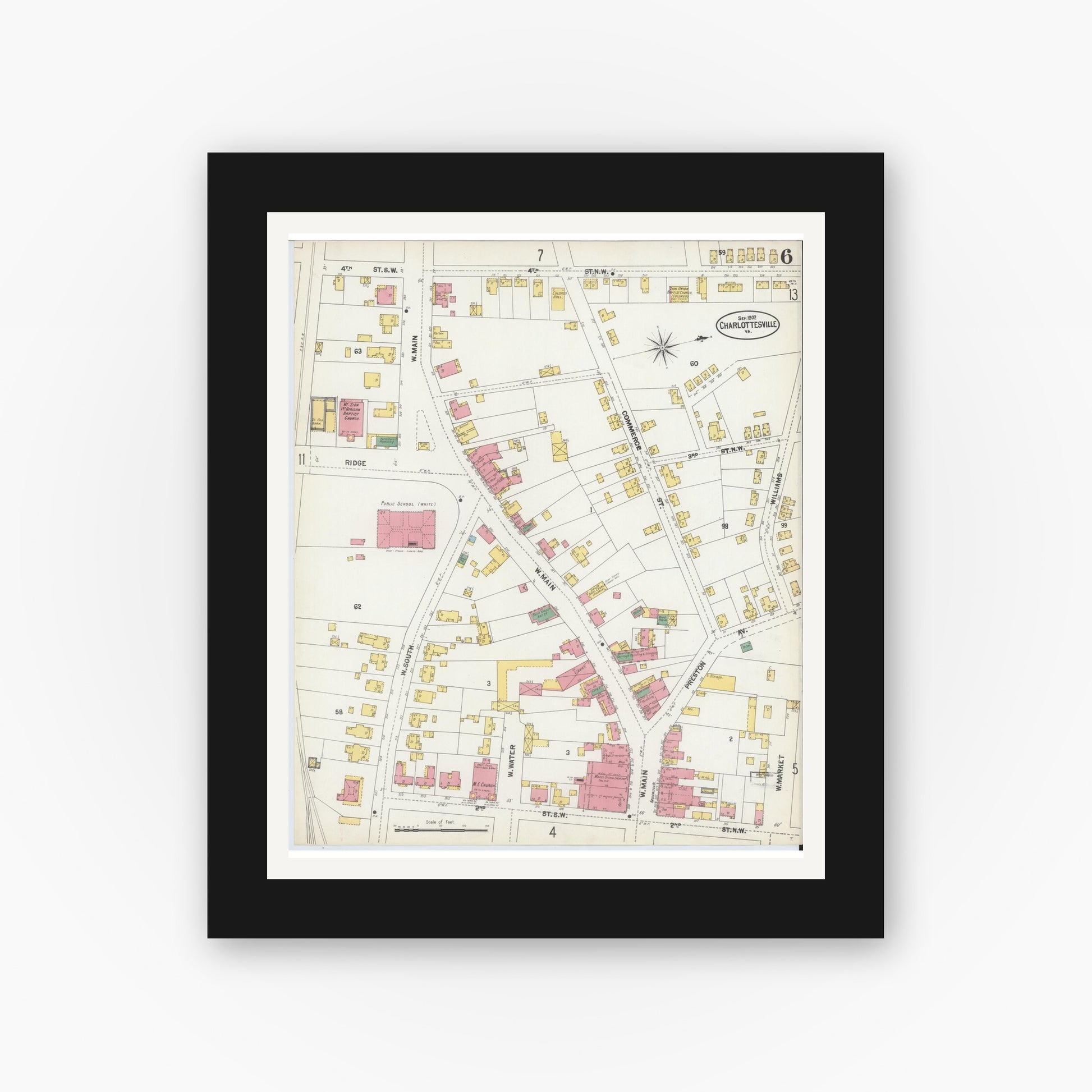 Old map wall art mockup — black gallery frame with white mat — Sanborn Fire Insurance Map from Charlottesville, Independent Cities, Virginia (1902), Sheet #0006