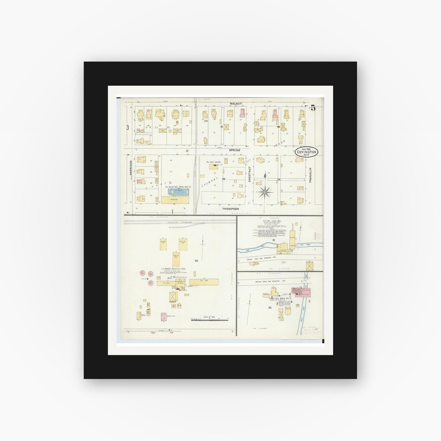Old map wall art mockup — black gallery frame with white mat — Sanborn Fire Insurance Map from Covington, Miami County, Ohio (1905), Sheet #0005