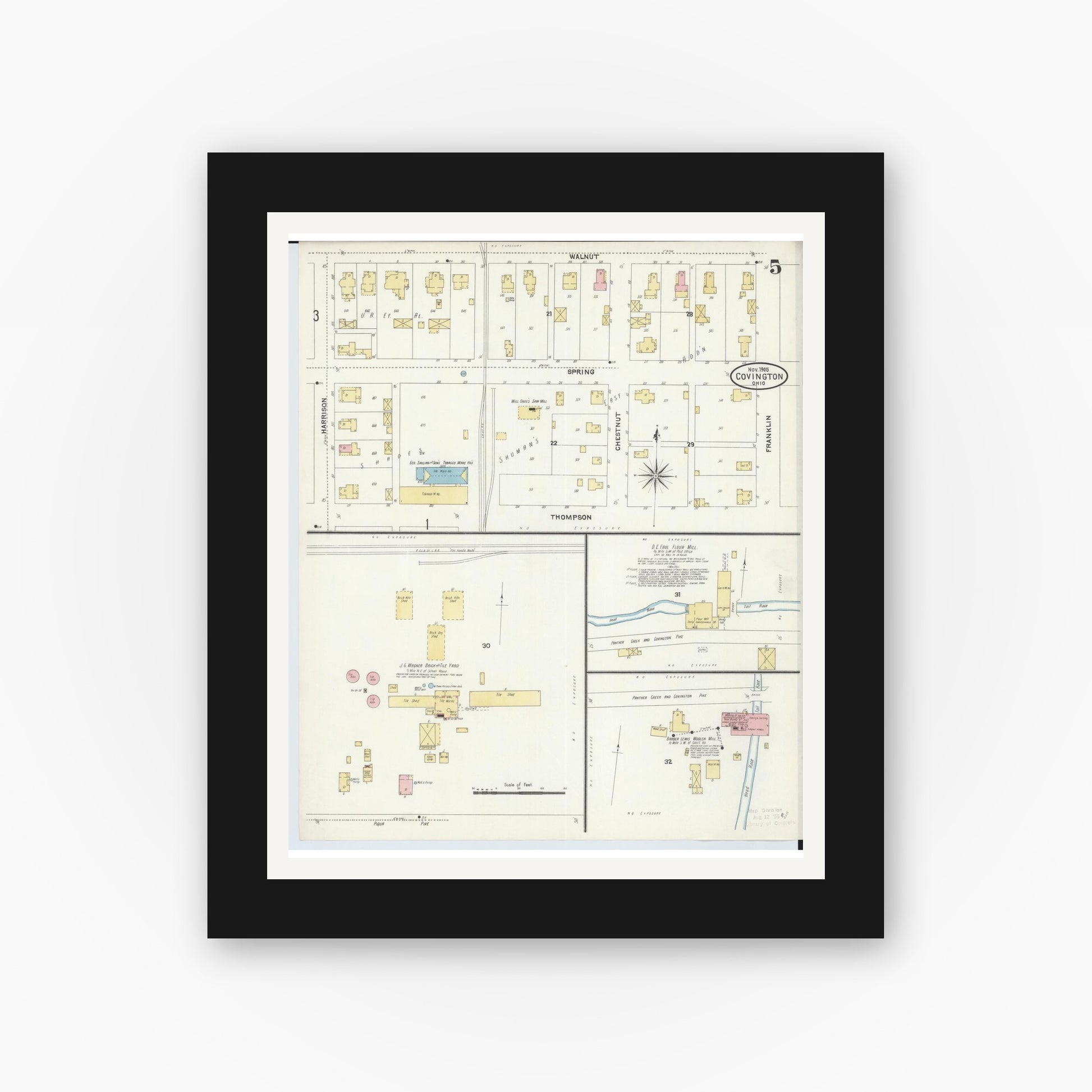 Old map wall art mockup — black gallery frame with white mat — Sanborn Fire Insurance Map from Covington, Miami County, Ohio (1905), Sheet #0005