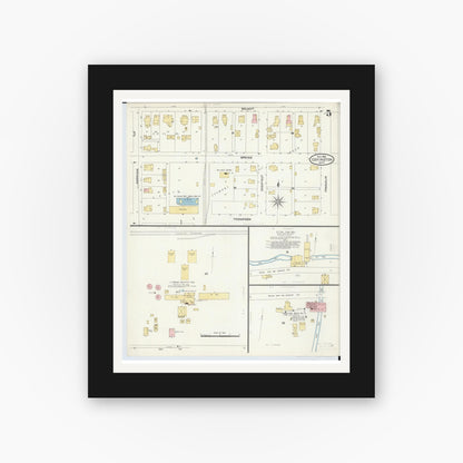 Old map wall art mockup — black gallery frame with white mat — Sanborn Fire Insurance Map from Covington, Miami County, Ohio (1905), Sheet #0005