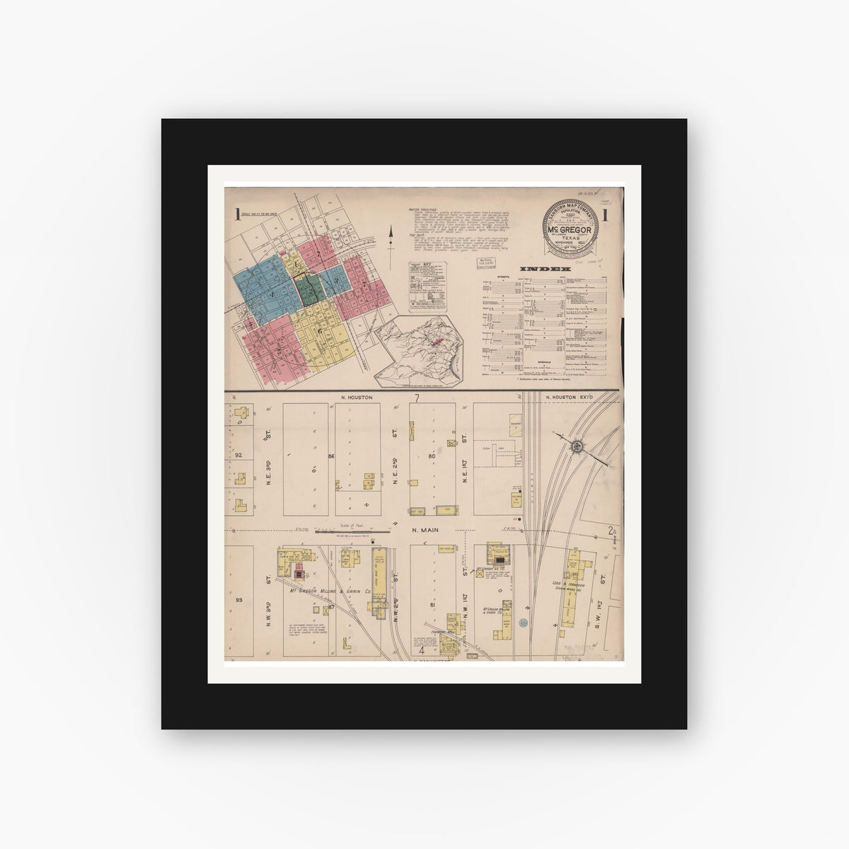 Old map wall art mockup — black gallery frame with white mat — Sanborn Fire Insurance Map from McGregor, McLennan County, Texas (1922), Sheet #0001
