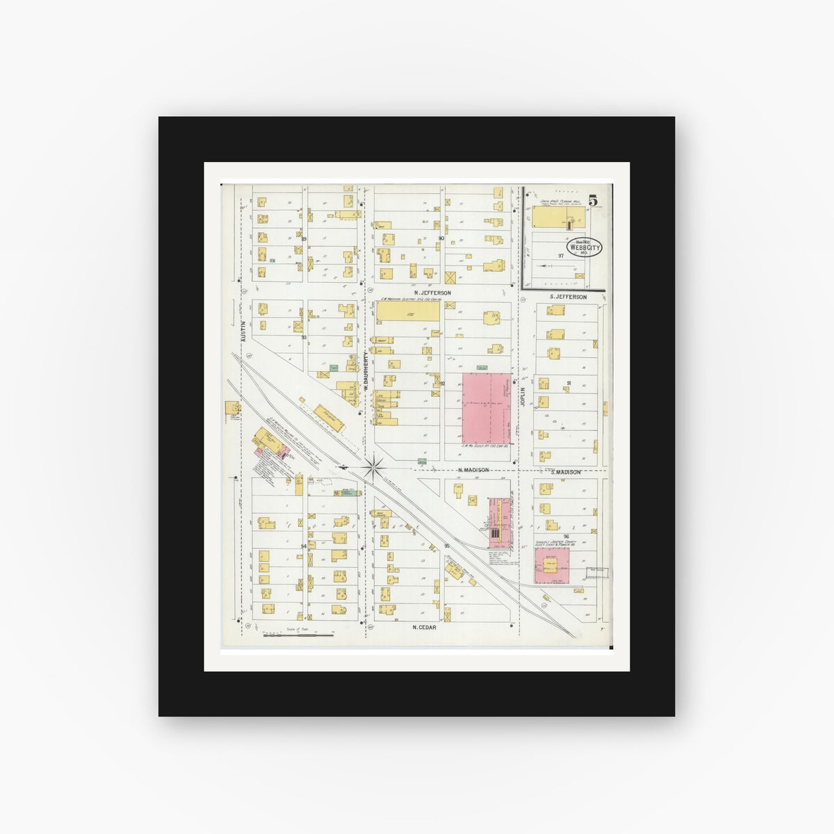 Old map wall art mockup — black gallery frame with white mat — Sanborn Fire Insurance Map from Webb City, Jasper County, Missouri (1900), Sheet #0005