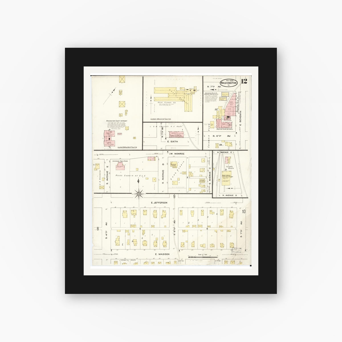 Old map wall art mockup — black gallery frame with white mat — Sanborn Fire Insurance Map from Washington, Washington County, Iowa (1909), Sheet #0012