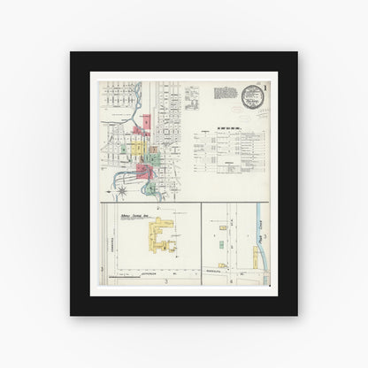 Old map wall art mockup — black gallery frame with white mat — Sanborn Fire Insurance Map from Pulaski, Pulaski County, Virginia (1898), Sheet #0001